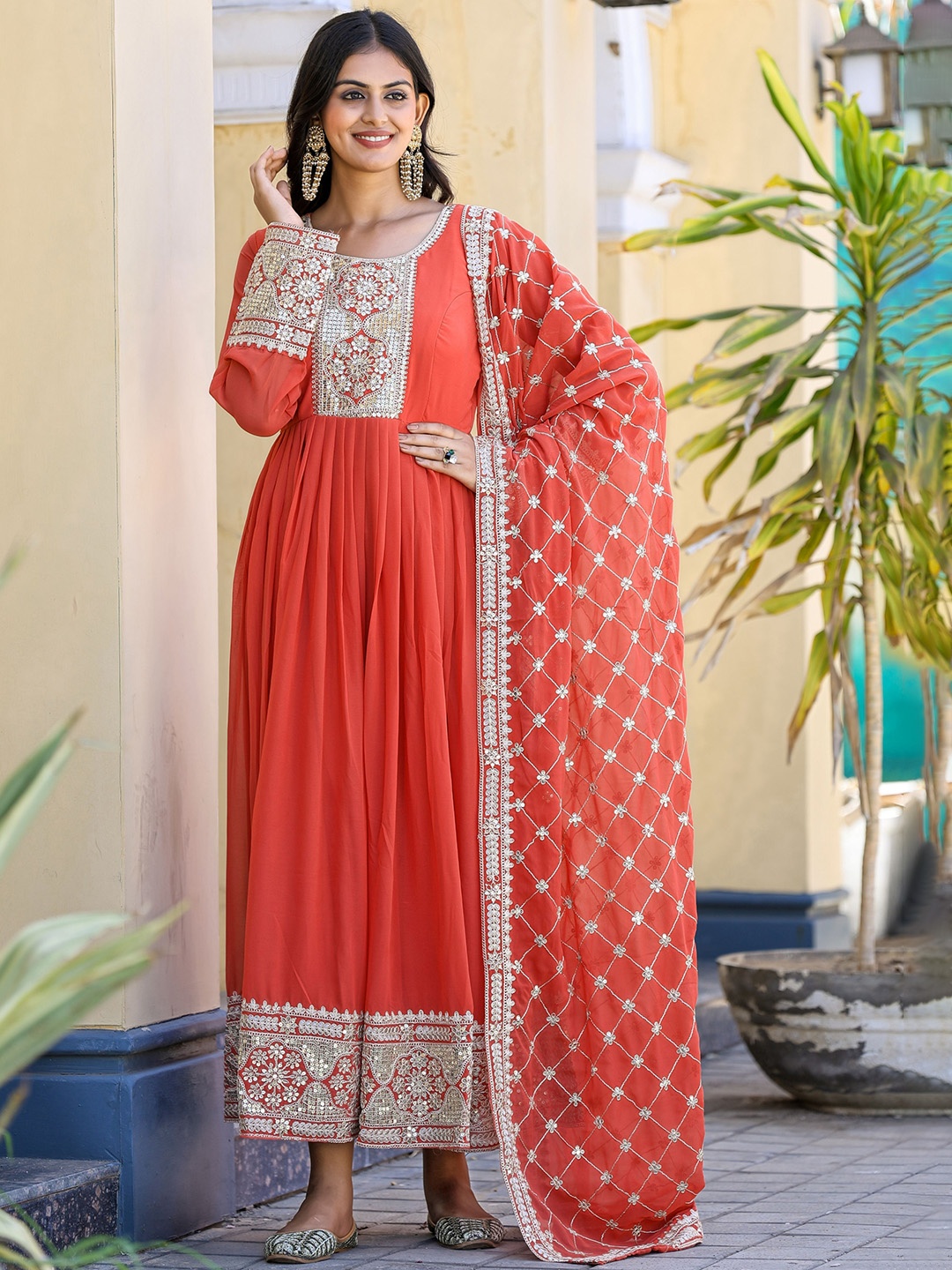 

KALINI Embroidered Ethnic Dress With Dupatta, Orange