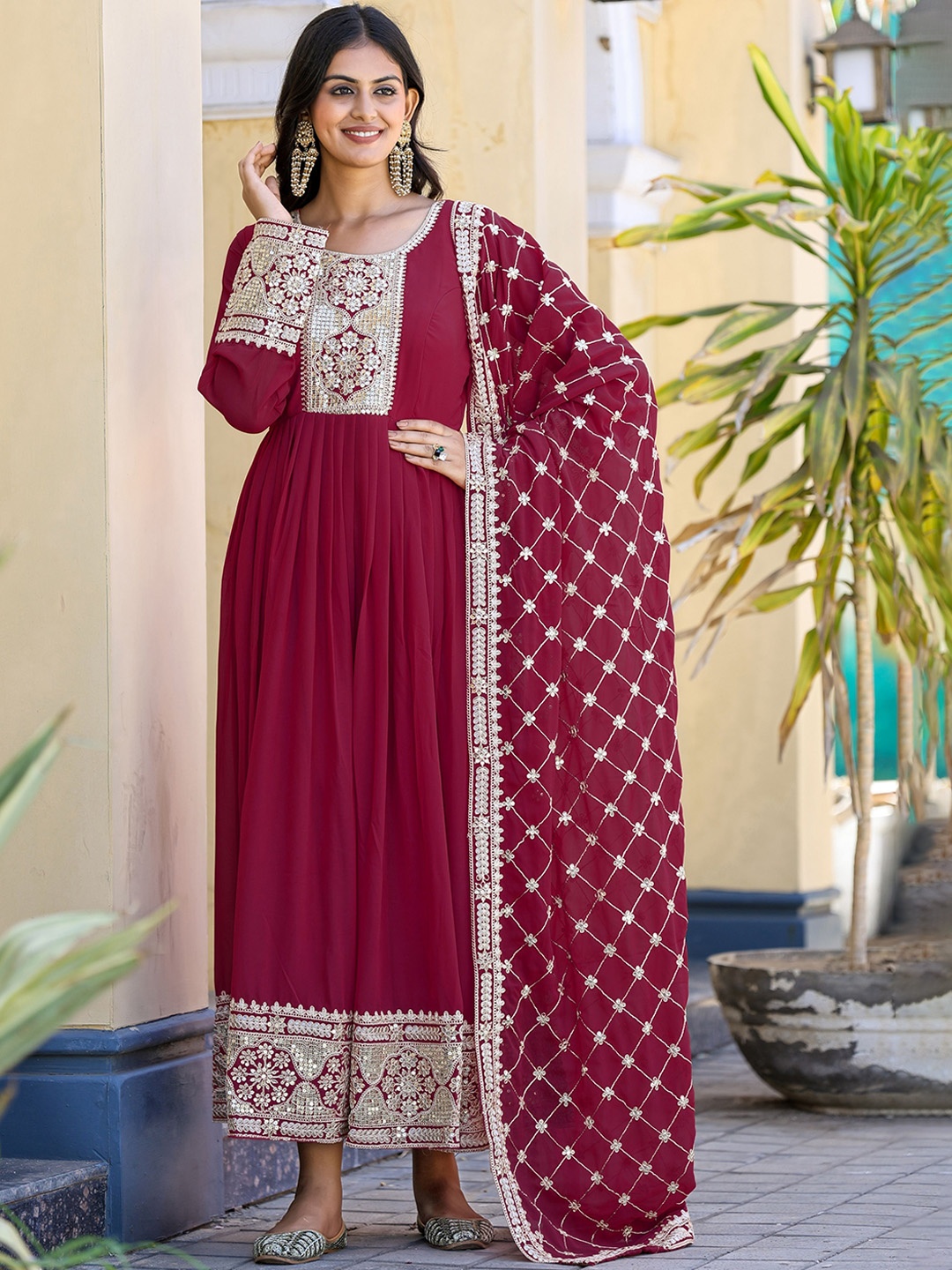 

KALINI Embroidery Gown Maxi Ethnic Dress With Dupatta, Pink