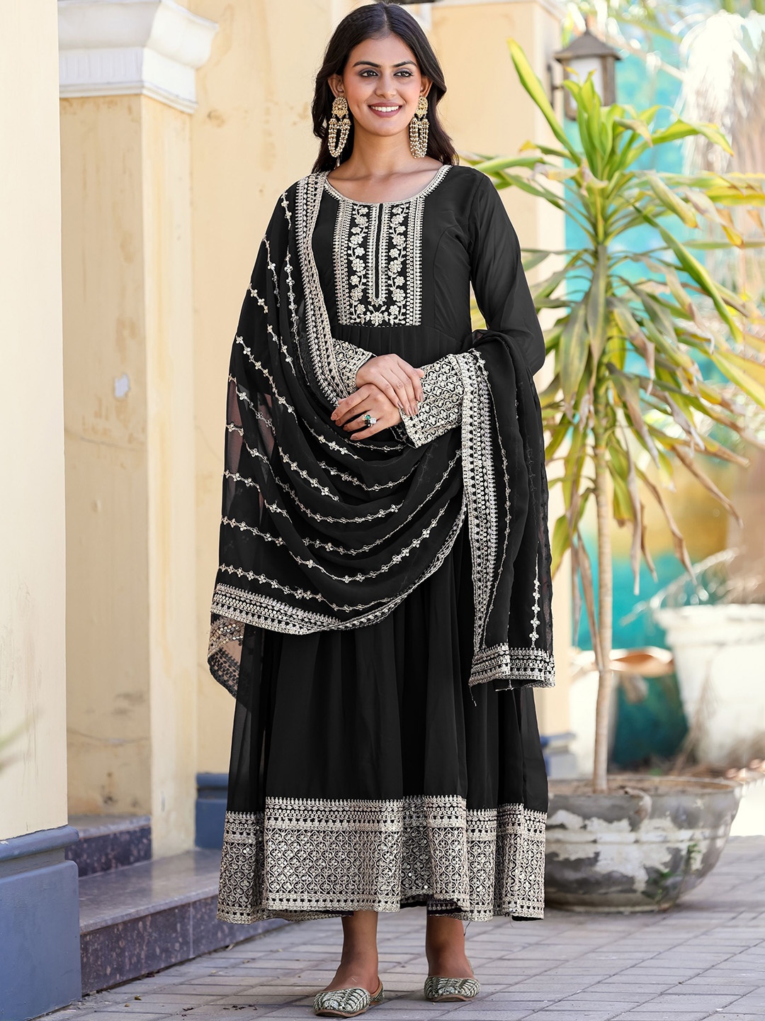 

KALINI Embroidered Maxi Ethnic Dress With Dupatta, Black