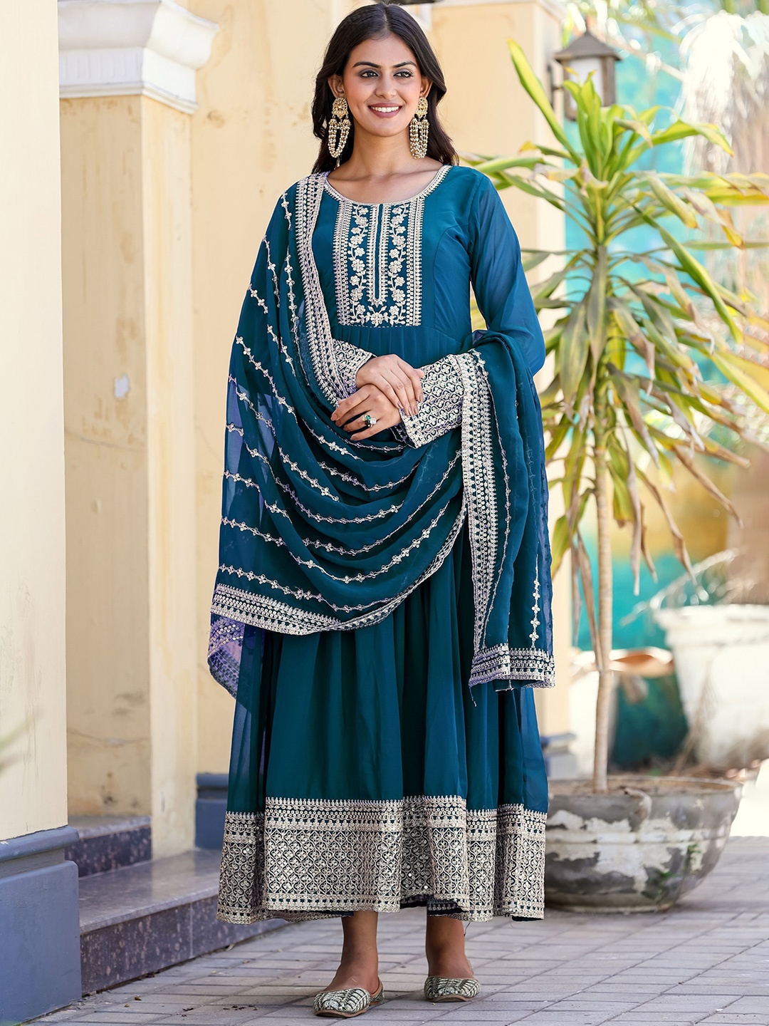 

KALINI Women Embroidered Fit & Flare Ethnic Dress With Dupatta, Teal