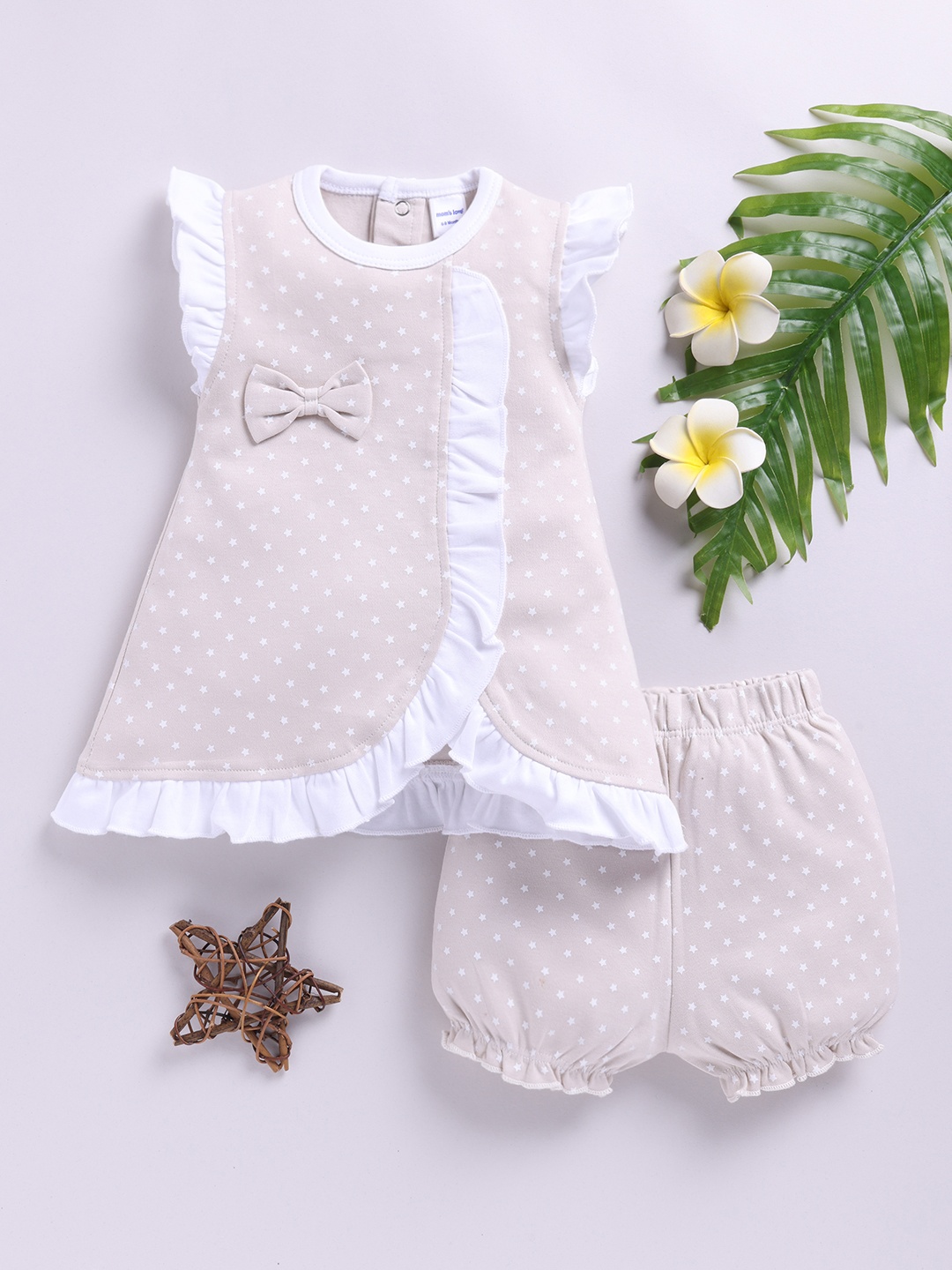 

Moms Love Infant Girls Printed Ruffled A-Line Dress with Shorts, Beige