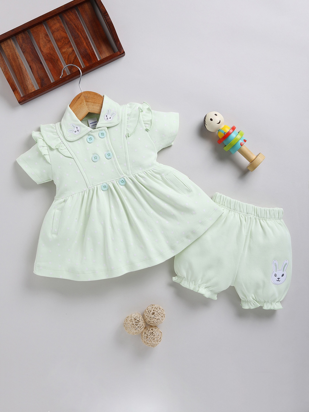 

Moms Love Infant Girls Polka Dot Print Pure Cotton A-Line Dress with Shorts, Green