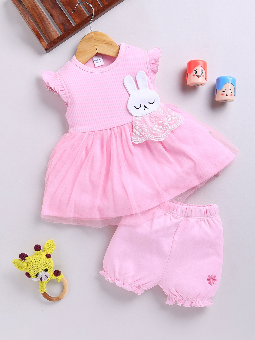 

Moms Love Infant Girls Flutter Sleeve Applique Detail Pure Cotton A-Line Dress with Shorts, Pink