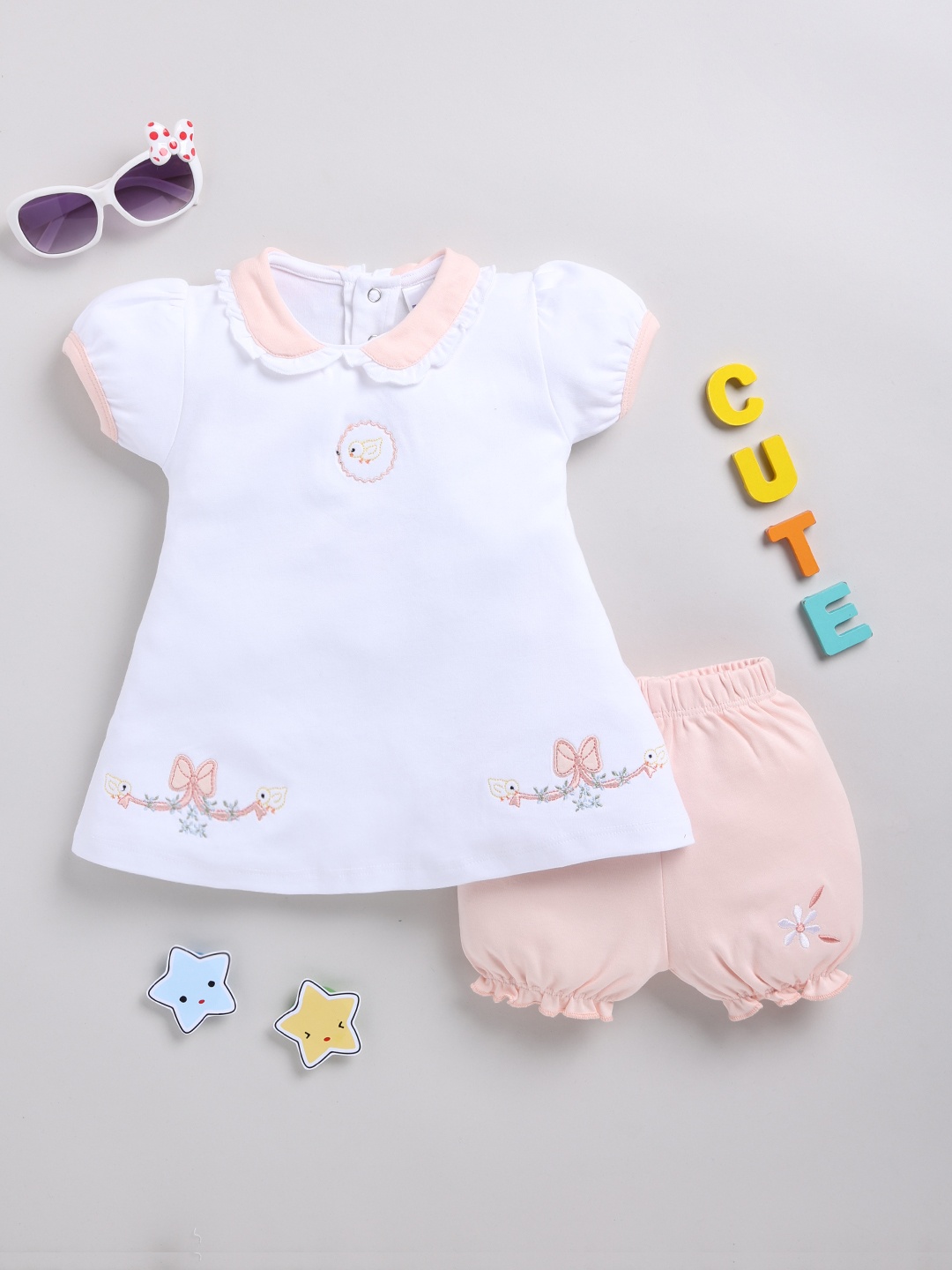 

Moms Love Infant Girls Cotton Embroidered A-Line Dress With Shorts, White