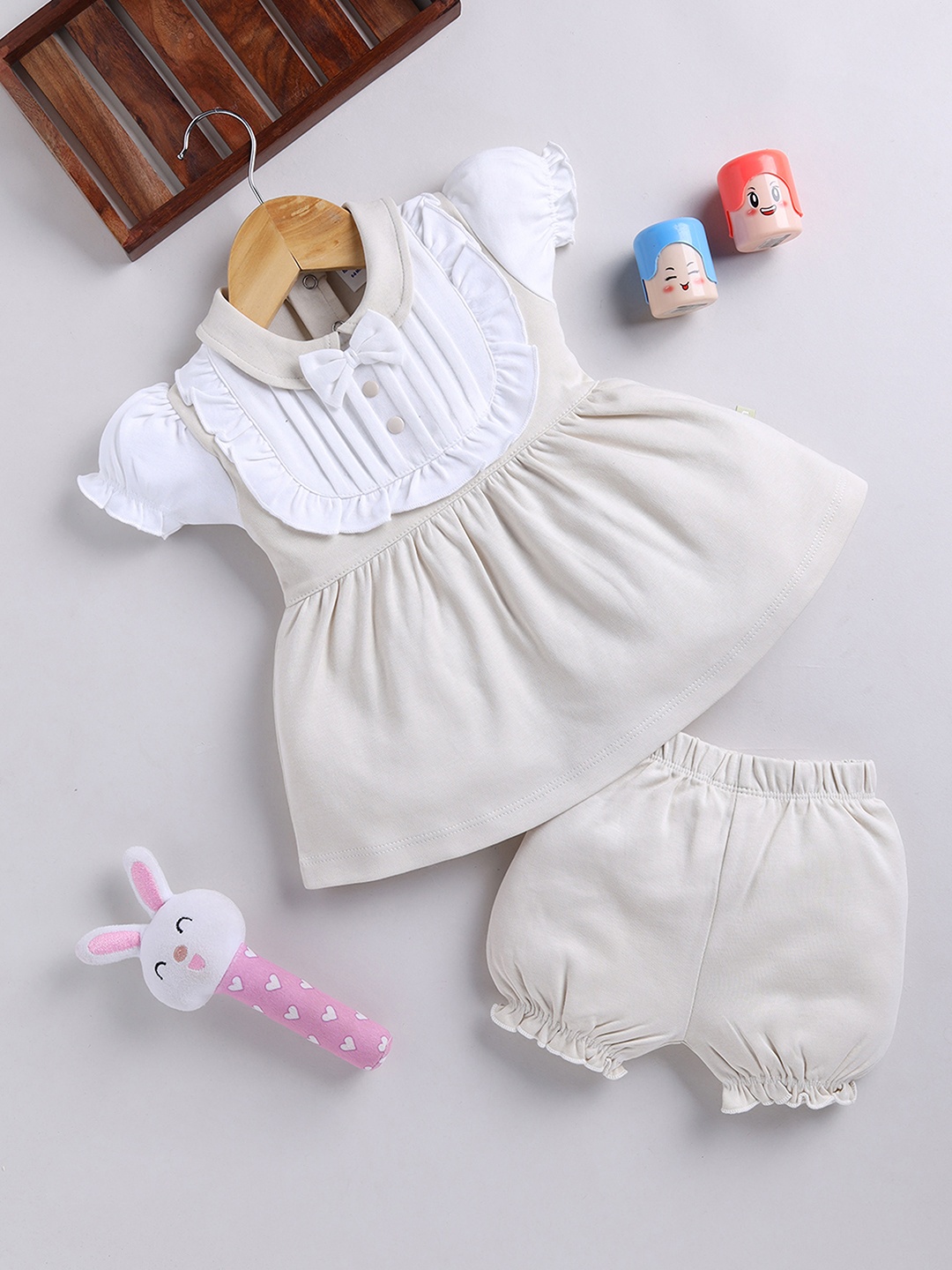 

Moms Love Infant Girls Cotton Colourblocked Fit & Flare Dress With Shorts, Beige