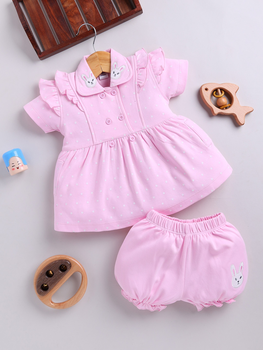 

Moms Love Infant Girls Cotton Polka Dot Print Fit & Flare Dress With Shorts, Pink
