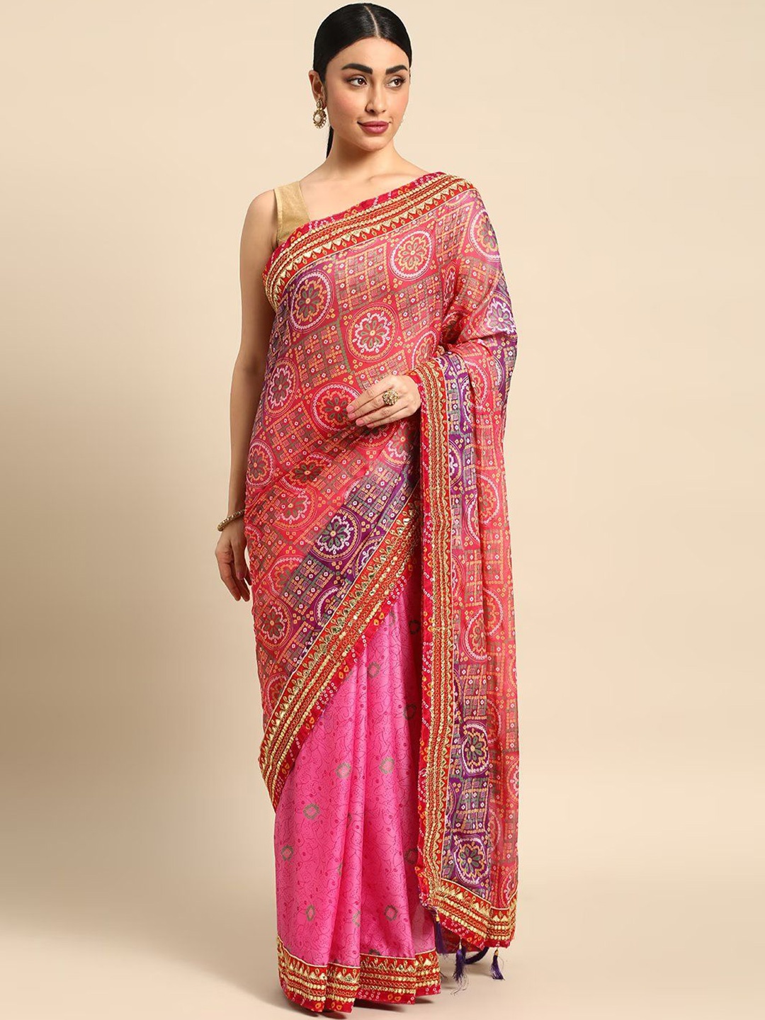 

Panzora Bandhani Gotta Patti Pure Chiffon Bandhani Saree, Pink