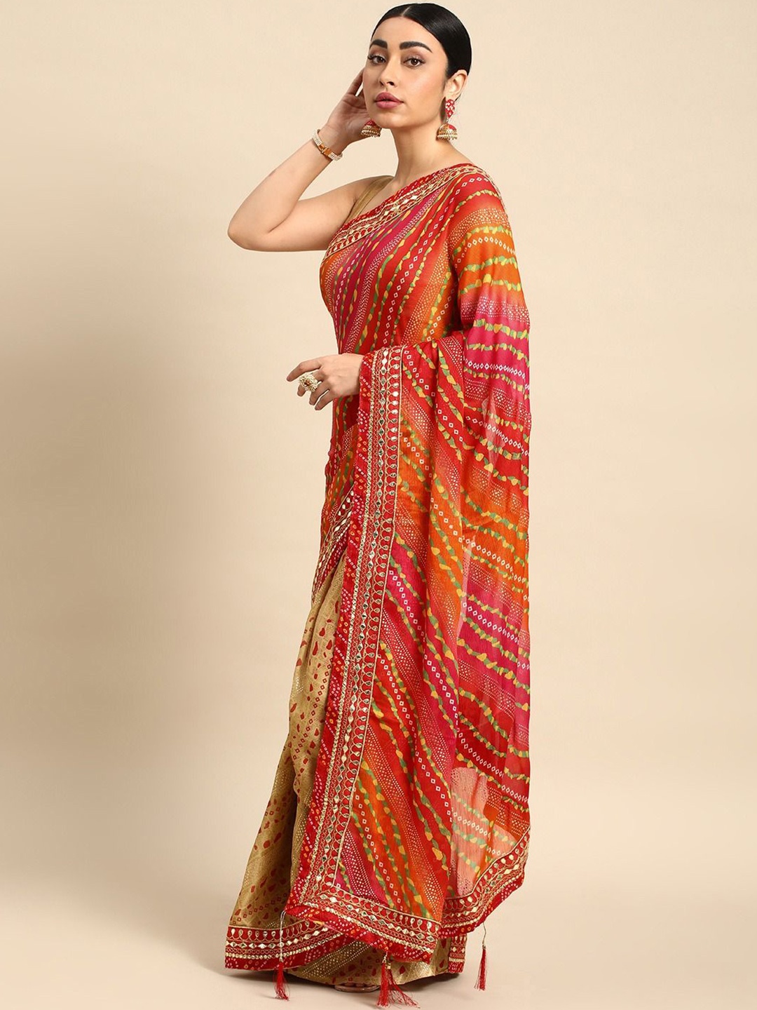 

Panzora Bandhani Gotta Patti Pure Chiffon Bandhani Saree, Beige