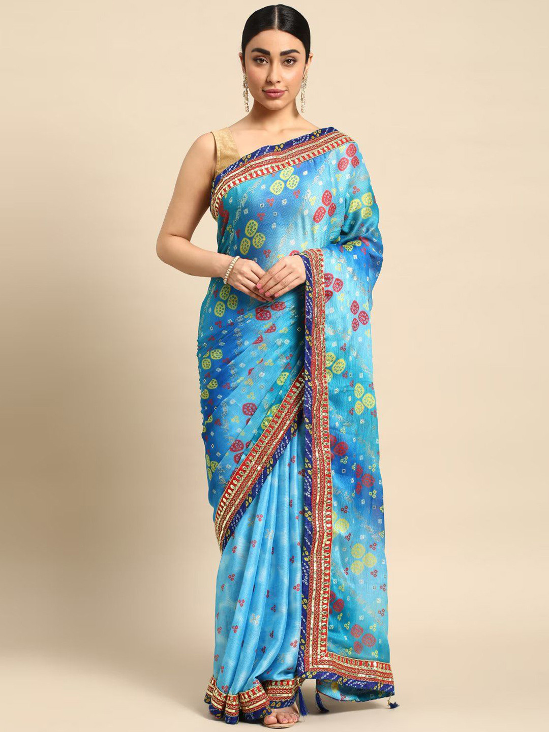 

Panzora Bandhani Gotta Patti Pure Chiffon Bandhani Saree, Blue
