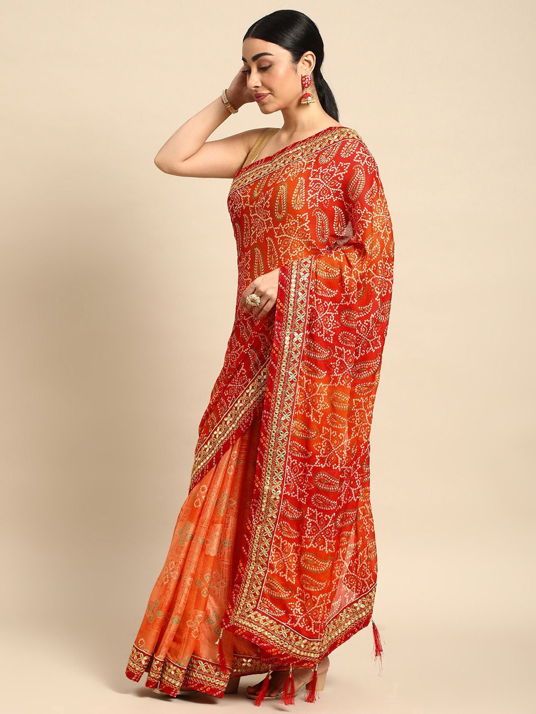 

Panzora Bandhani Gotta Patti Pure Chiffon Bandhani Saree, Orange