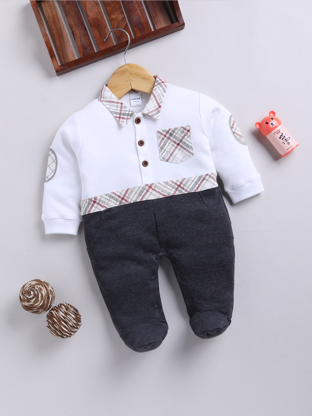 

Moms Love Infant Boys Pocket Detail Checked Sleepsuit, Grey melange