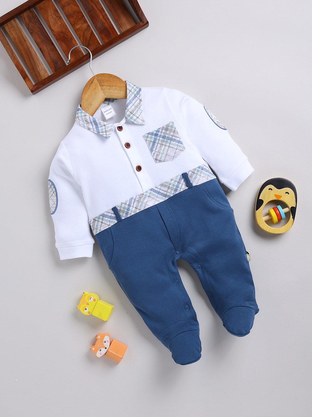 

Moms Love Infant Boys Pocket Detail Checked Sleepsuit, Blue
