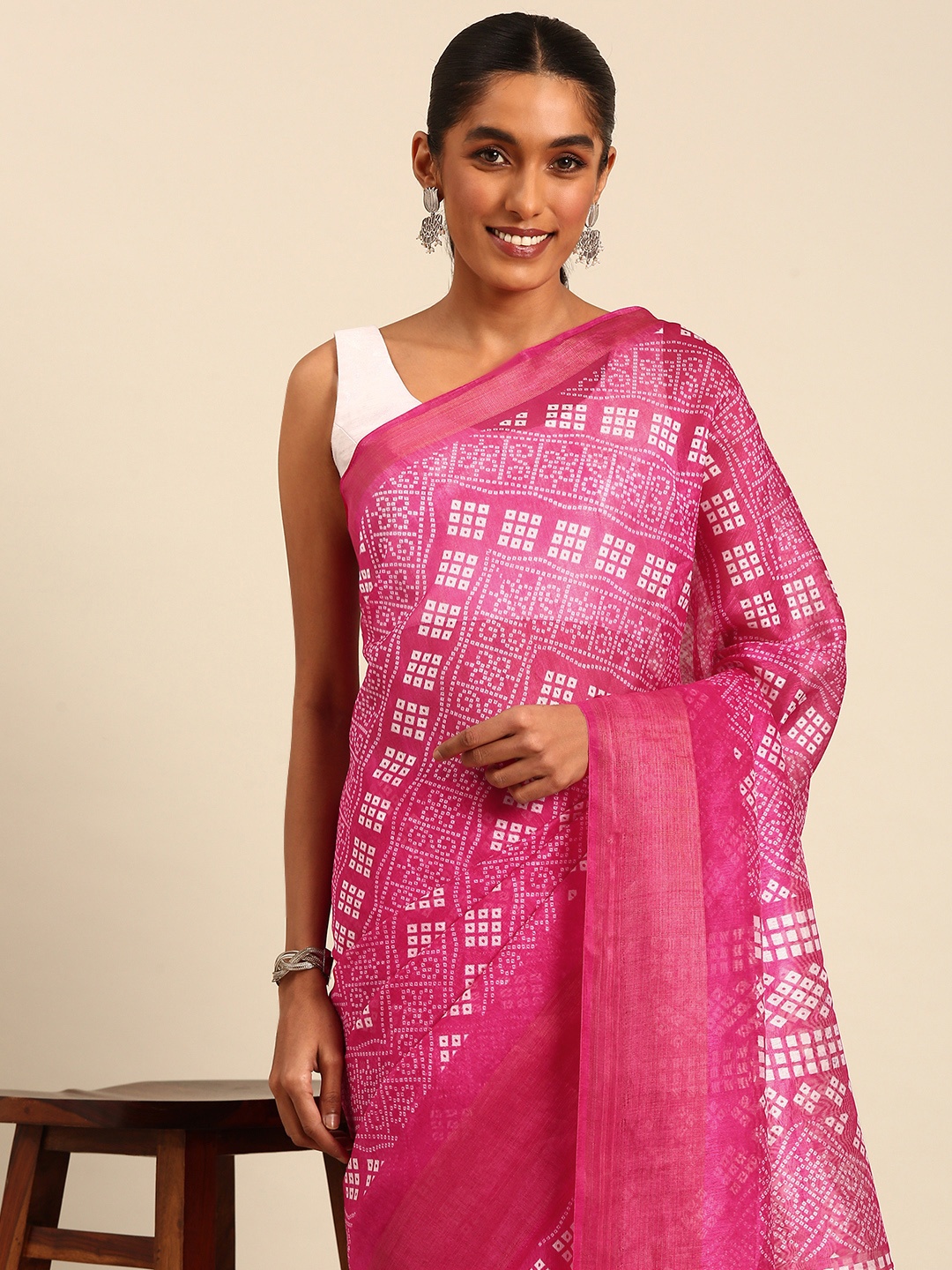 

HERE&NOW Bandhani Printed Zari Saree, Pink