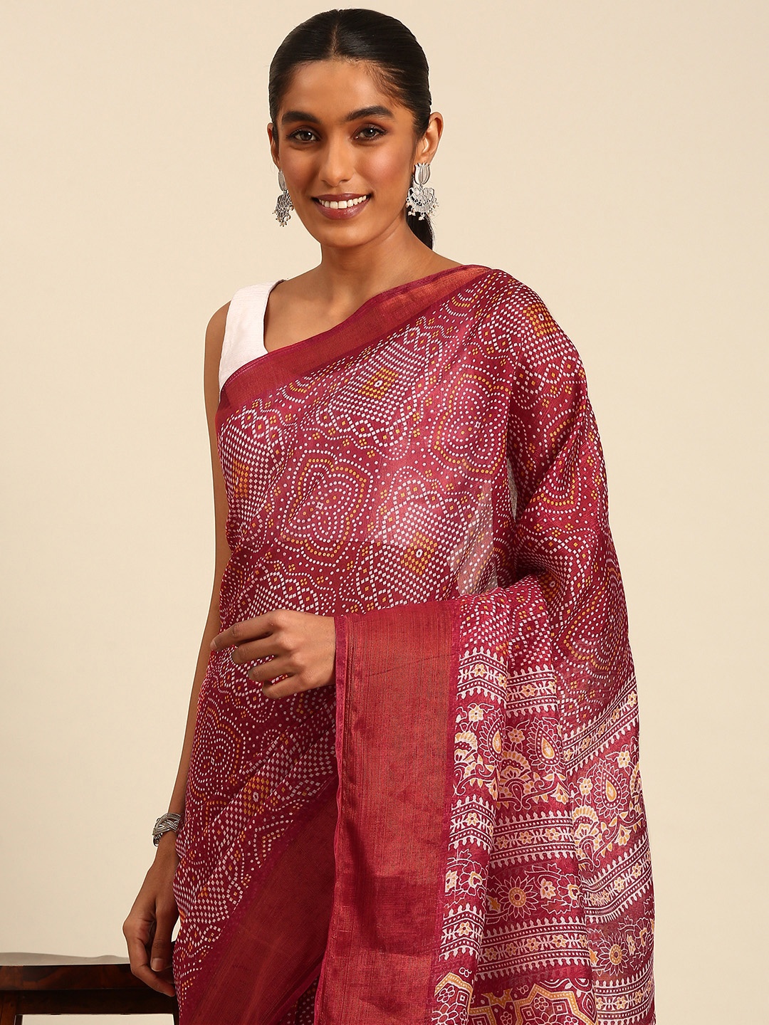 

HERE&NOW Bandhani Printed Zari Saree, Maroon