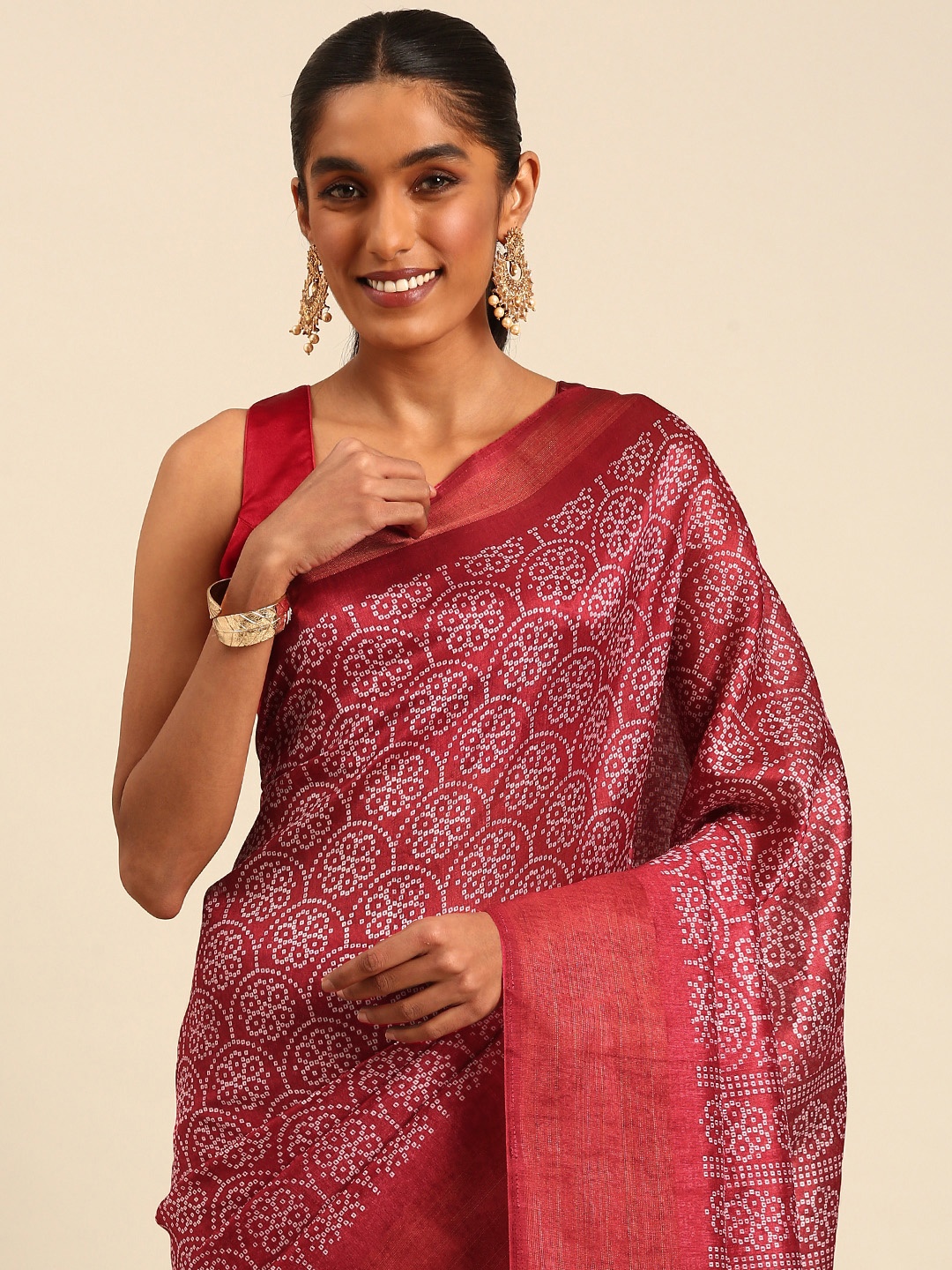 

HERE&NOW Bandhani Printed Zari Saree, Maroon