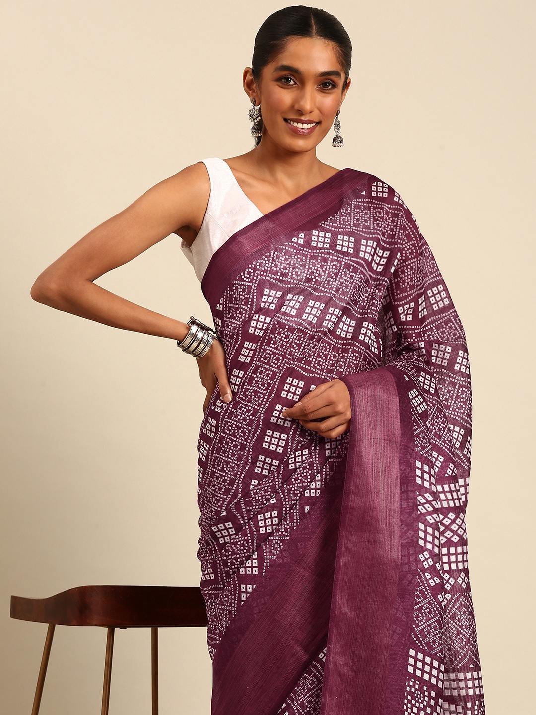 

HERE&NOW Bandhani Printed Zari Saree, Burgundy