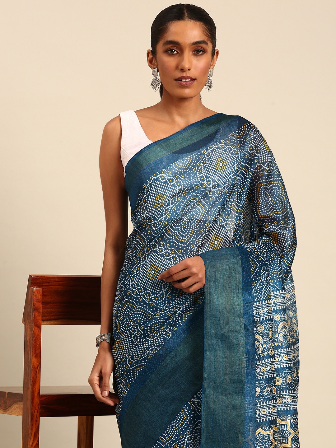 

HERE&NOW Bandhani Printed Zari Saree, Blue