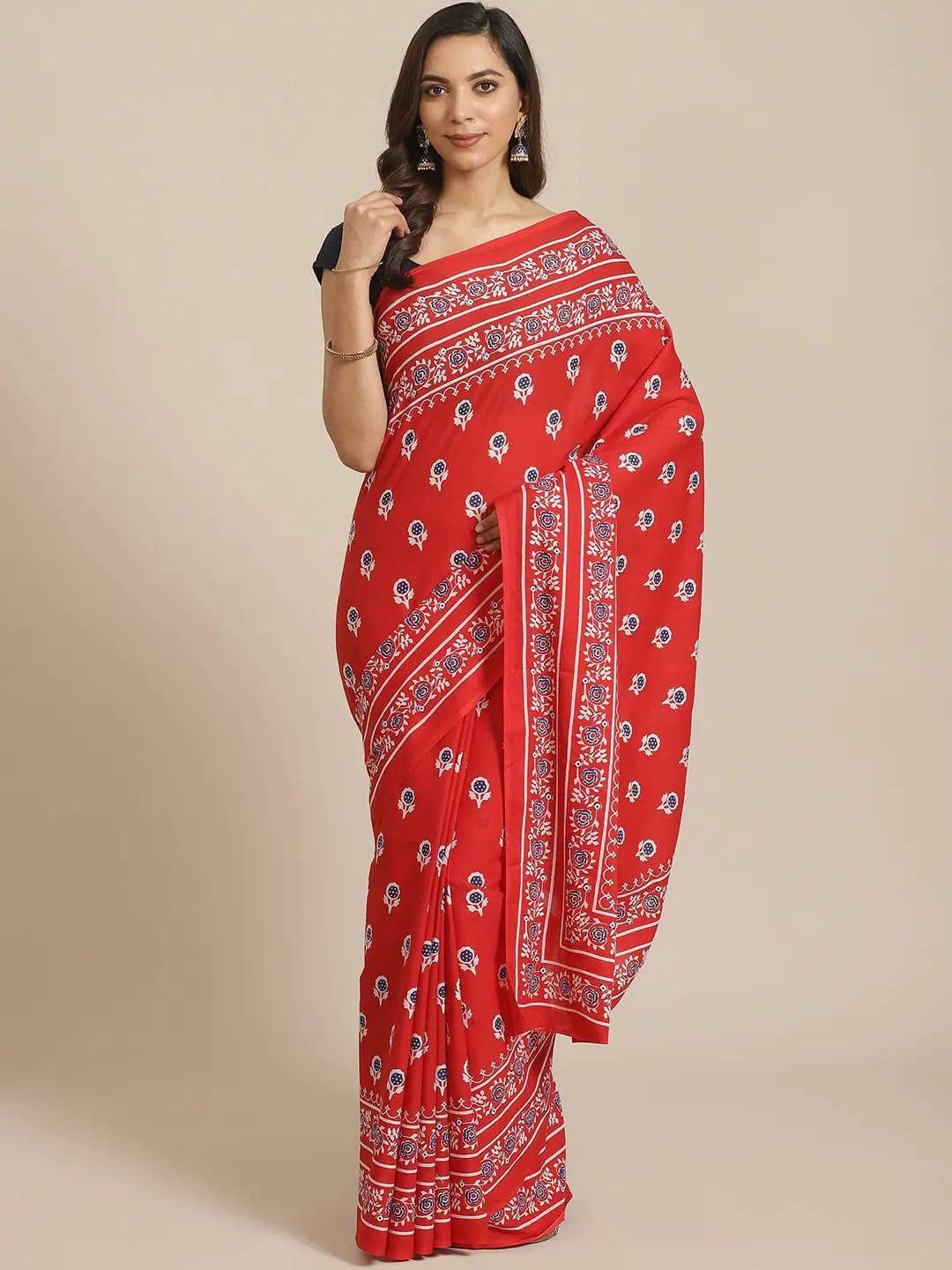 

JAIPURI PRINT Floral Pure Cotton Bagru Saree, Red