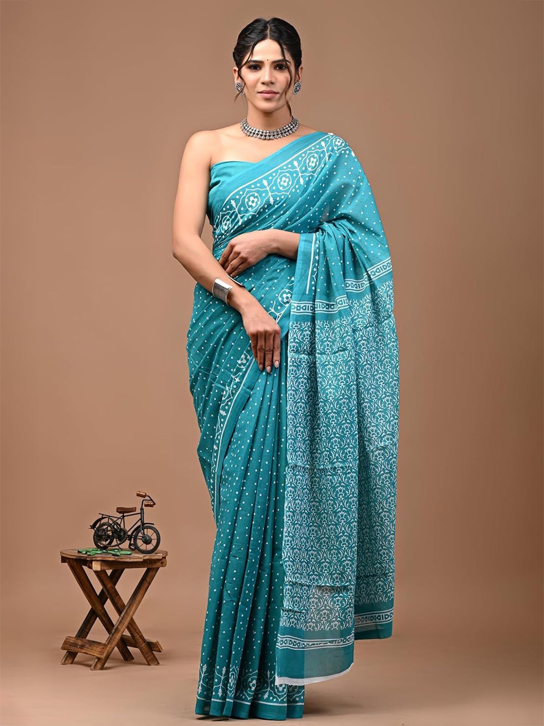 

JAIPURI PRINT Ethnic Motifs Pure Cotton Bagru Saree, Turquoise blue