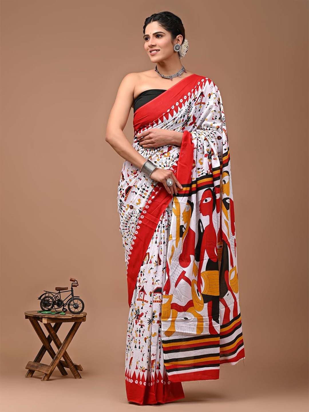 

JAIPURI PRINT Warli Pure Cotton Bagru Saree, Orange