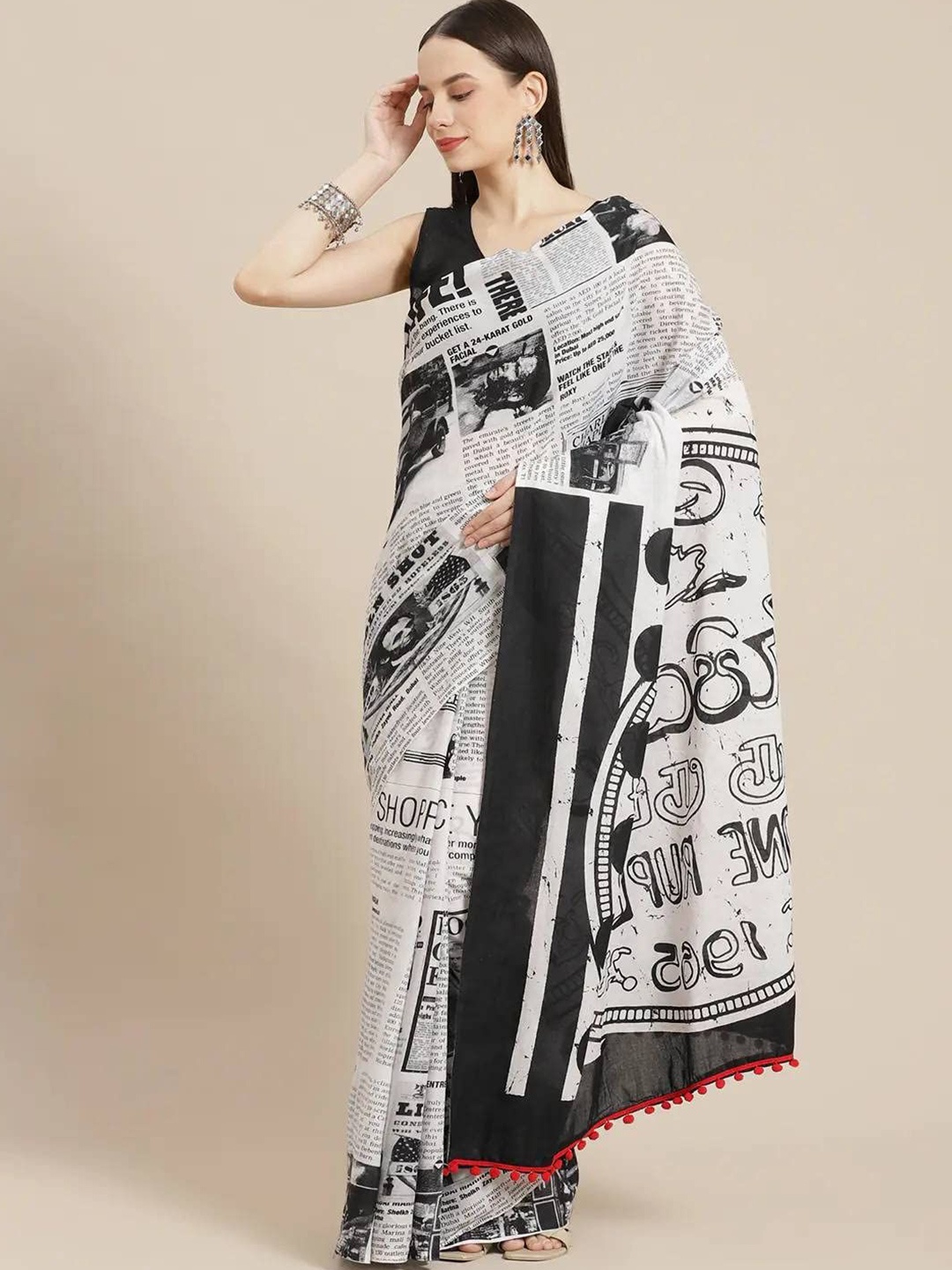 

JAIPURI PRINT Ethnic Motifs Pure Cotton Bagru Saree, Black