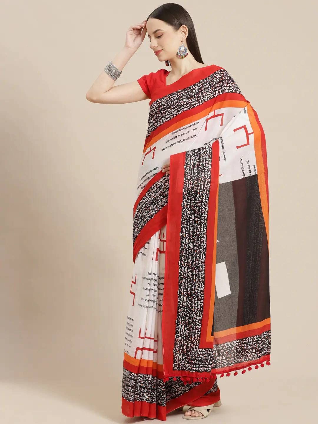 

JAIPURI PRINT Kalamkari Pure Cotton Bagru Saree, Red