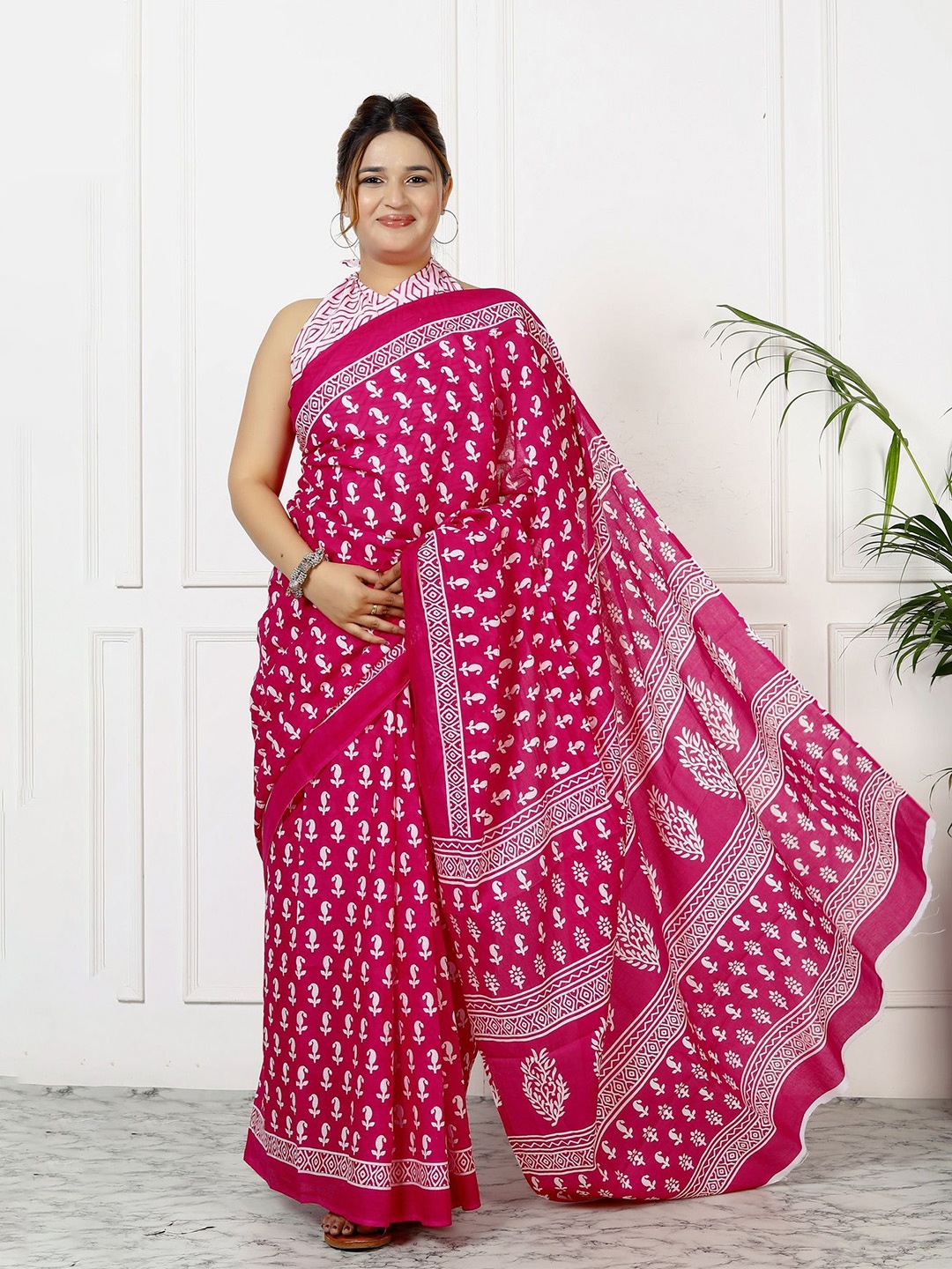 

JAIPURI PRINT Ethnic Motifs Pure Cotton Bagru Saree, Pink