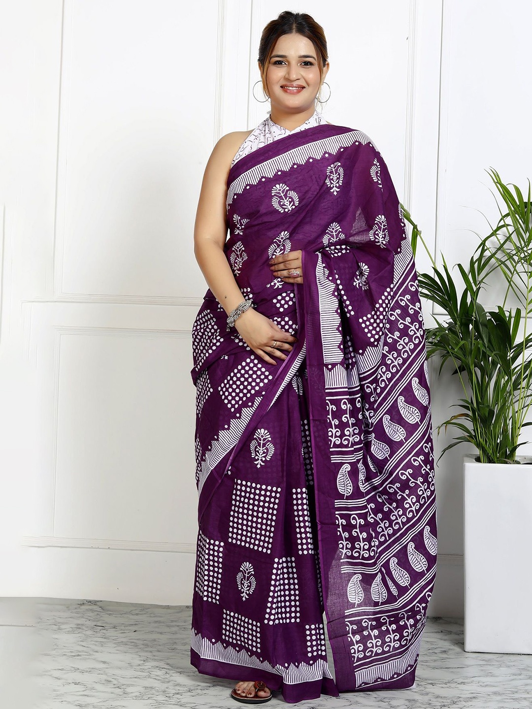 

JAIPURI PRINT Ethnic Motifs Pure Cotton Block Print Saree, Lavender