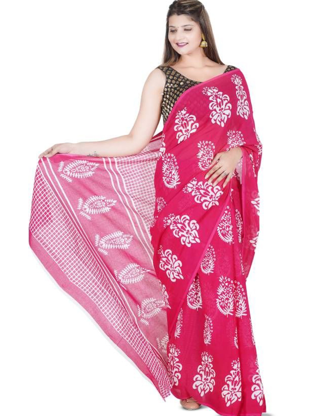 

JAIPURI PRINT Floral Pure Cotton Bandhani Saree, Red