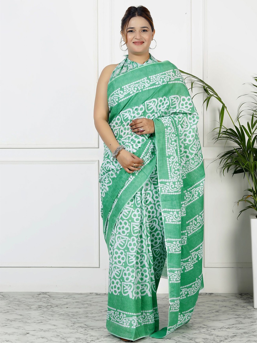 

JAIPURI PRINT Ethnic Motifs Pure Cotton Bagru Saree, Sea green