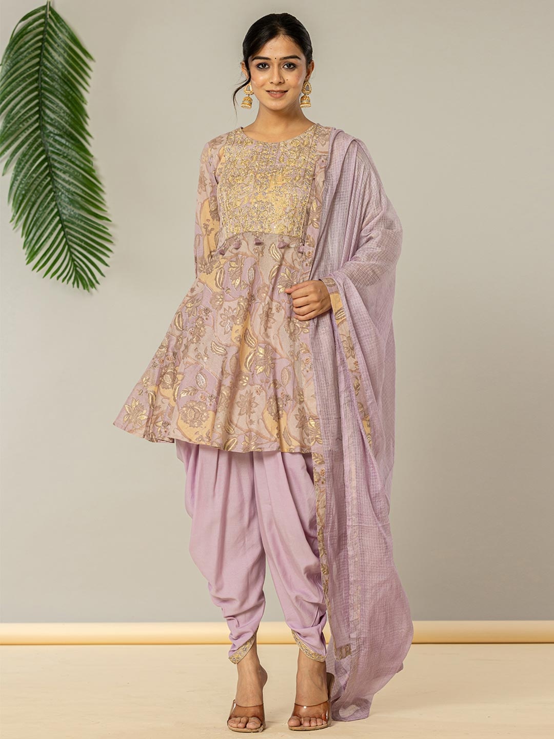 

Yufta Women Floral Printed Regular Thread Work Pure Cotton Kurta with Dhoti Pants & With Dupatta, Purple