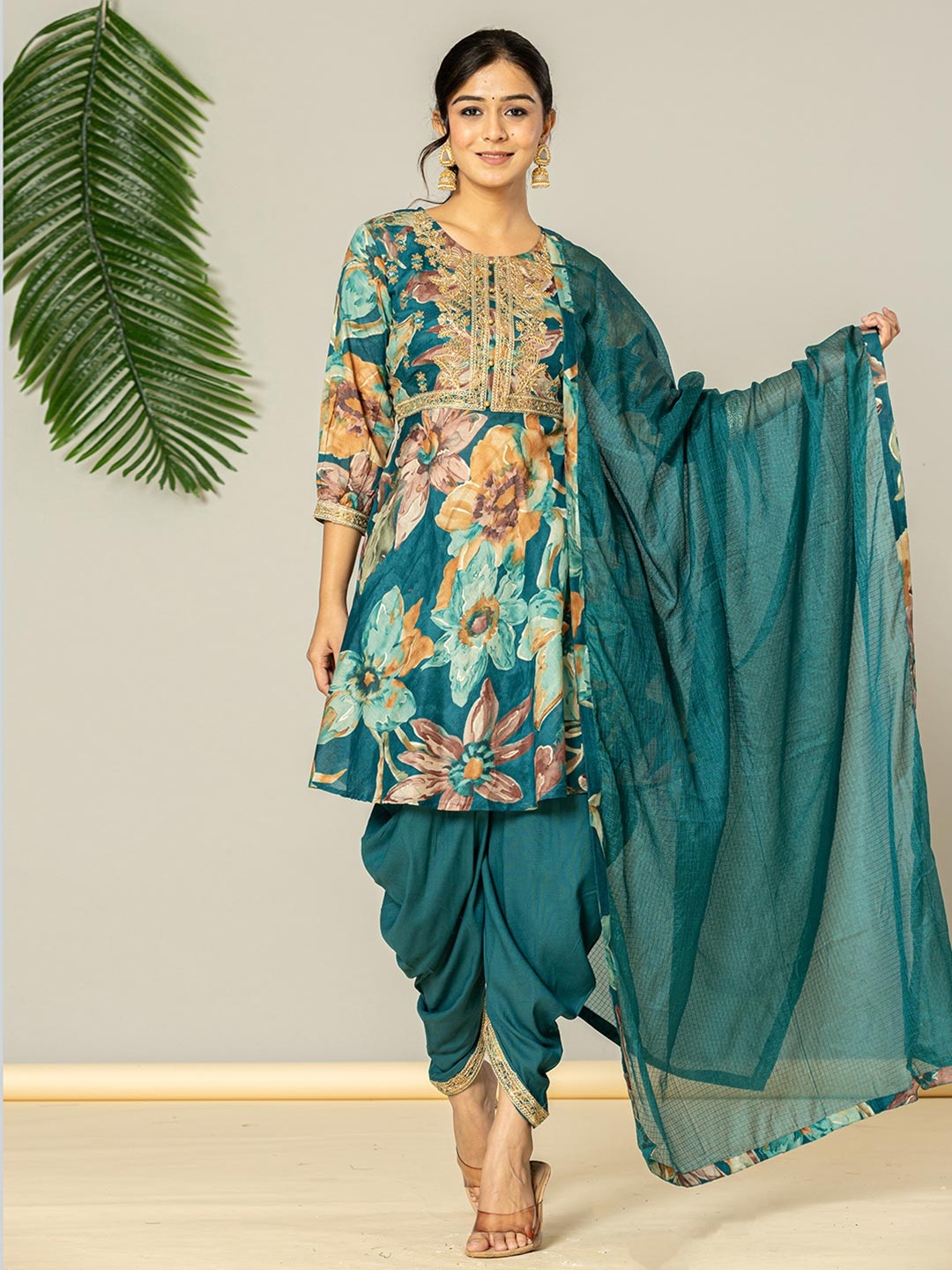 

Yufta Women Floral Embroidered Regular Pure Cotton Kurta with Dhoti Pants & With Dupatta, Teal