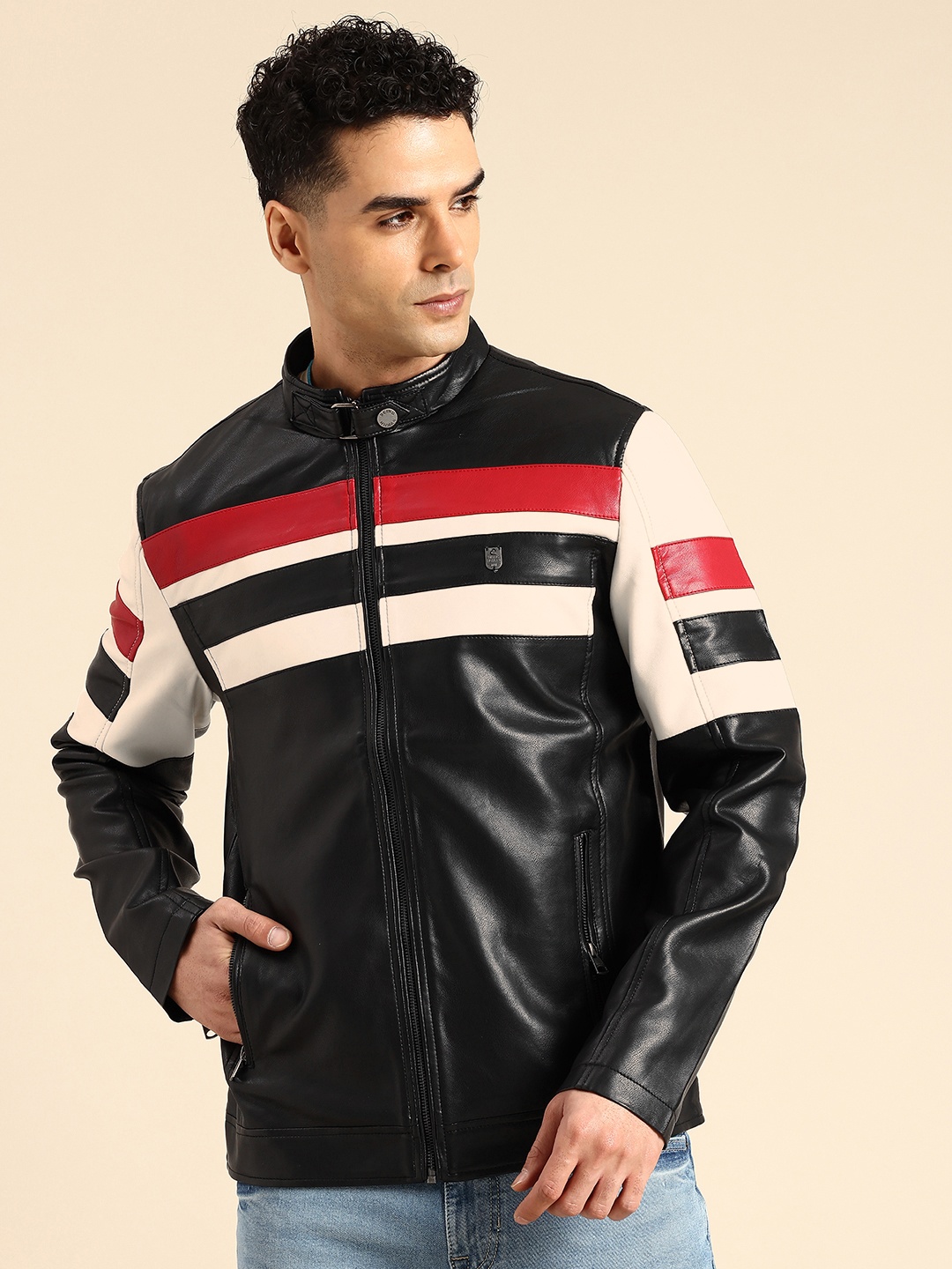 

Being Human Striped Double Collar Biker Jacket, Black