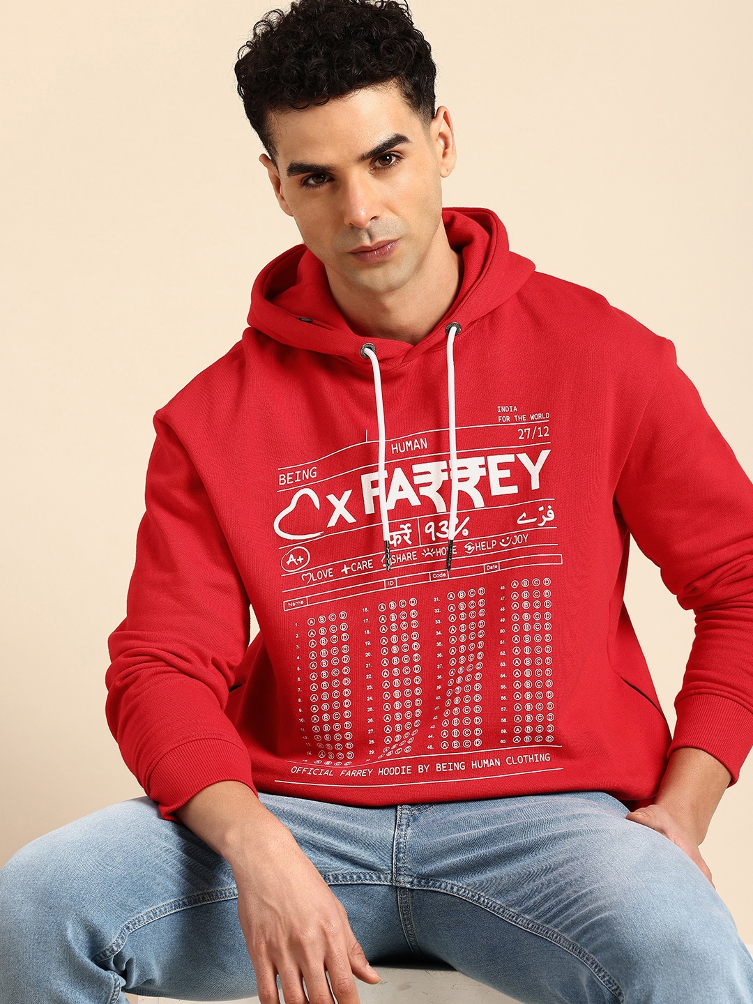 

Being Human Pure Cotton Printed Hooded Sweatshirt, Red