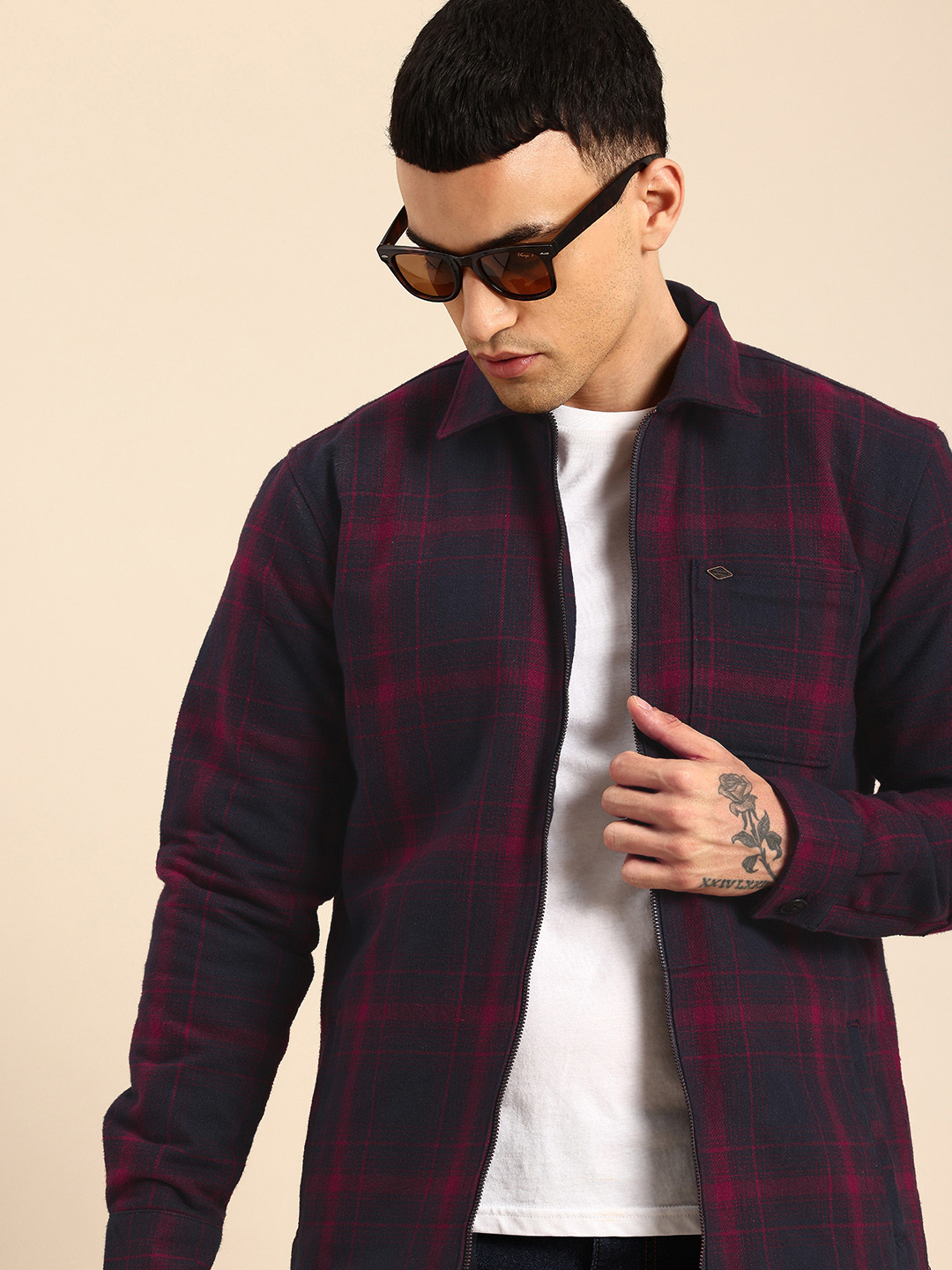 

Being Human Checked Spread Collar Pure Cotton Tailored Jacket, Navy blue