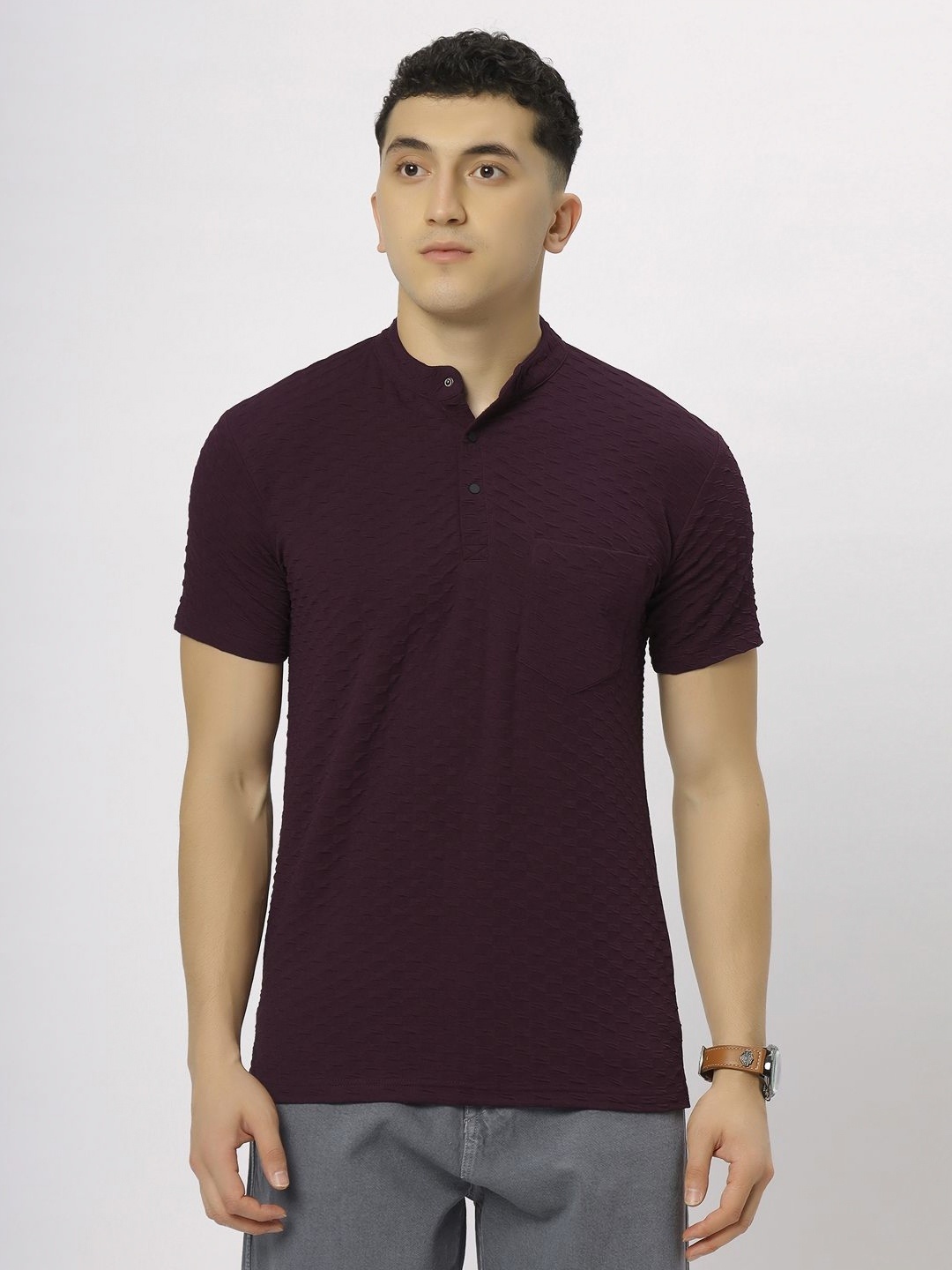 

N AND J Men Self Design Mandarin Collar T-shirt, Maroon