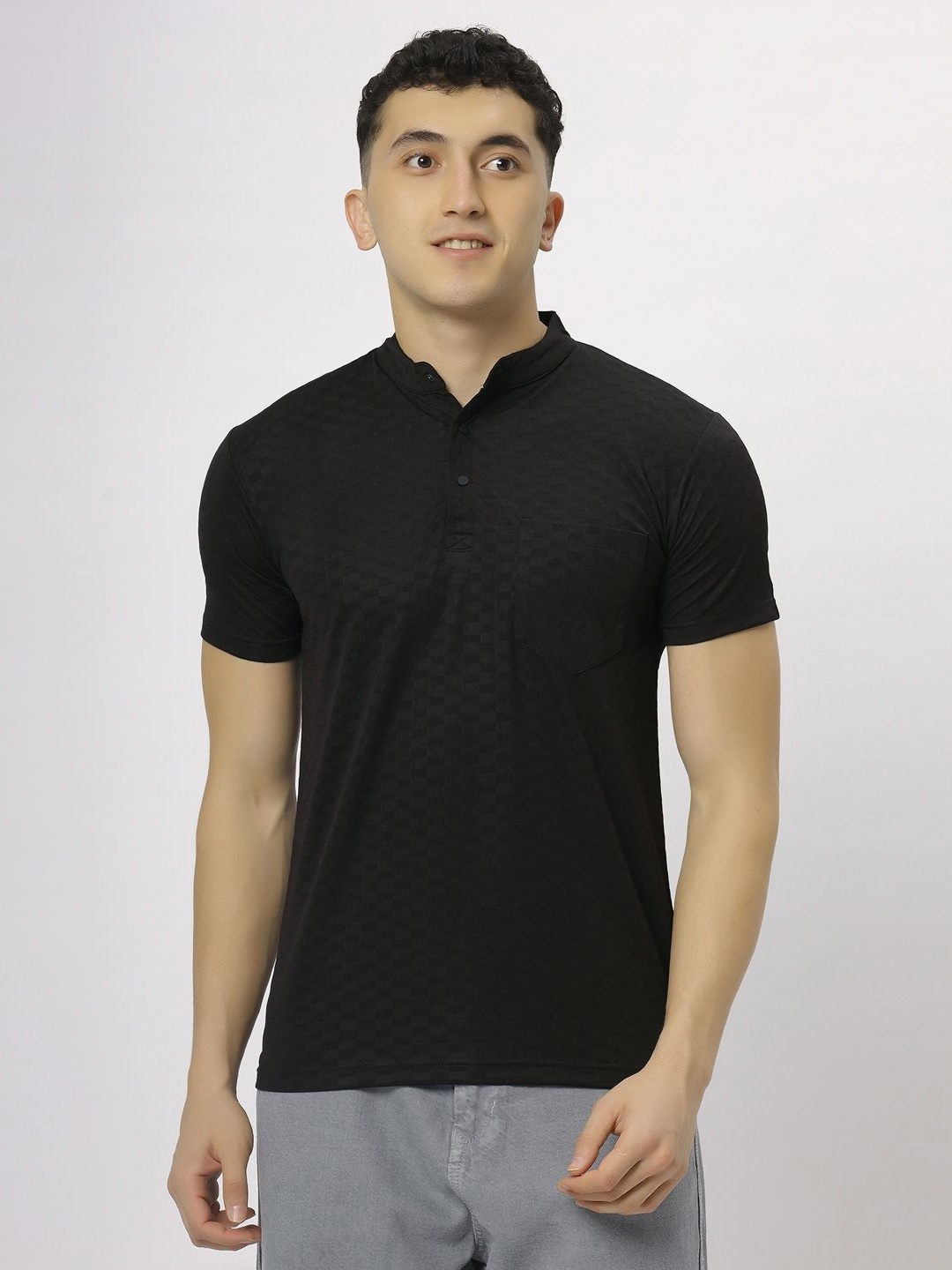 

N AND J Men Self Design Mandarin Collar T-shirt, Black