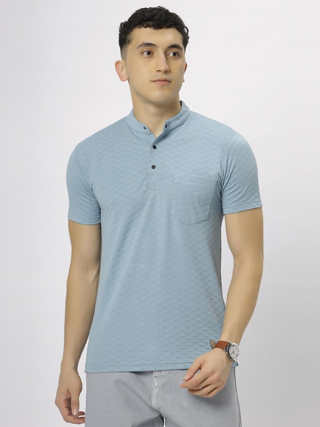 

N AND J Men Self Design Mandarin Collar T-shirt, Teal