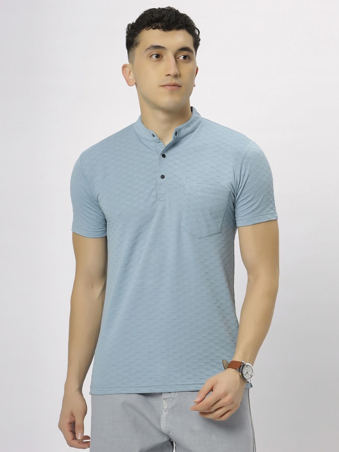 

N AND J Men Mandarin Collar Pockets T-shirt, Rose gold