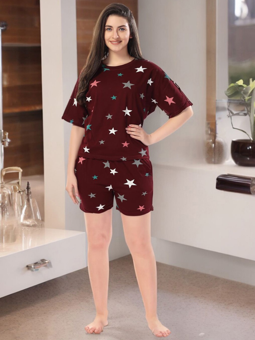 

Xivir Women Printed Night suit, Maroon