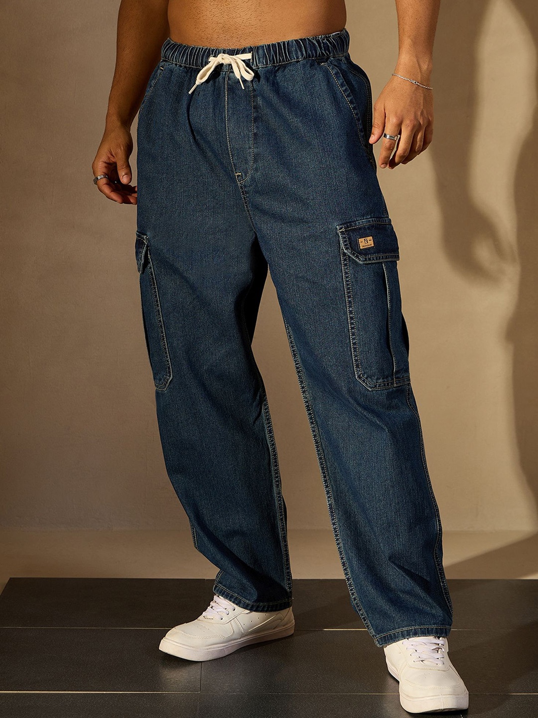 

DENNISON Men Comfort Relaxed Fit High-Rise Pure Cotton Cargo Jeans, Blue