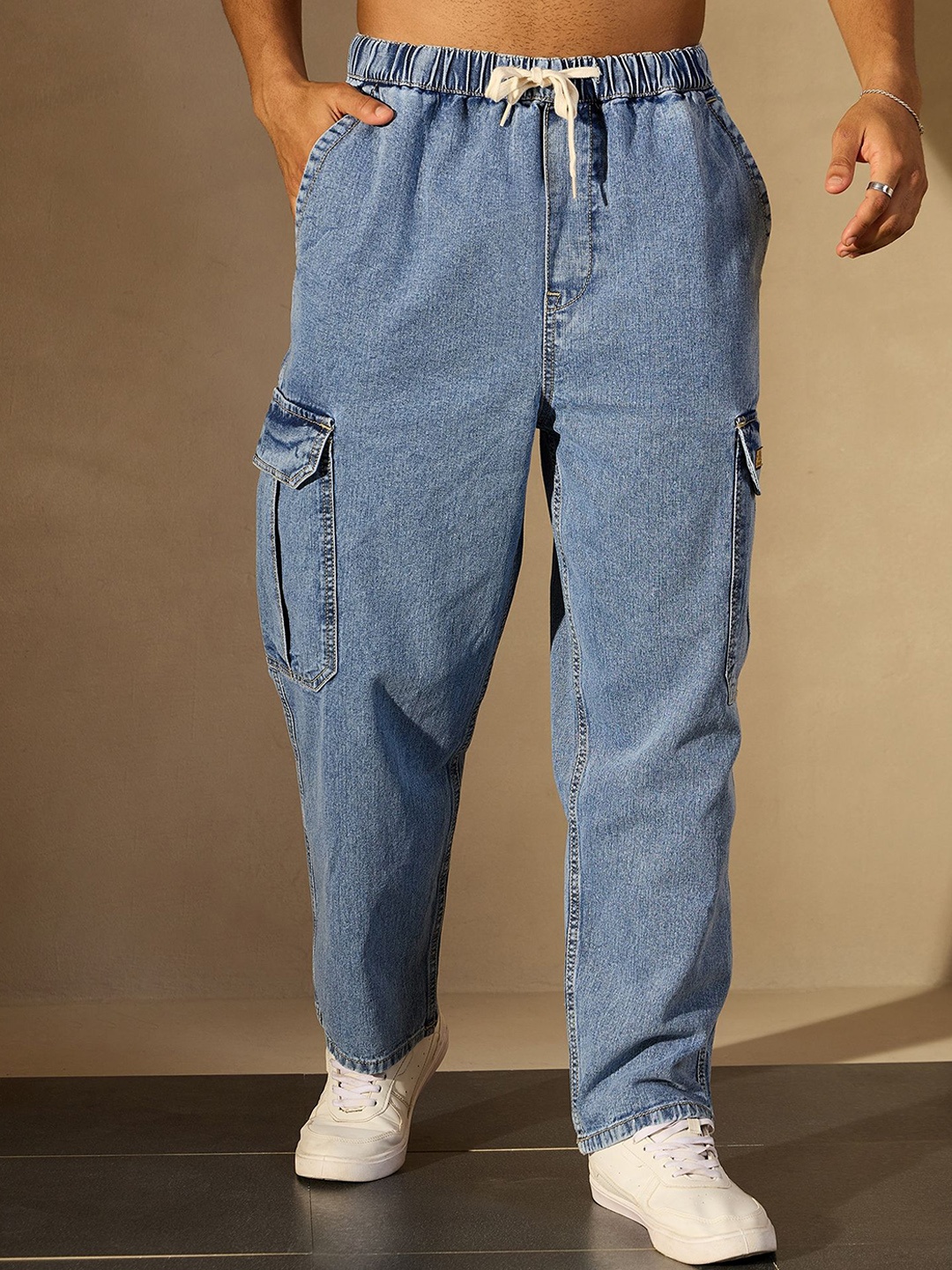 

DENNISON Men Comfort Relaxed Fit High-Rise Pure Cotton Cargo Jeans, Blue
