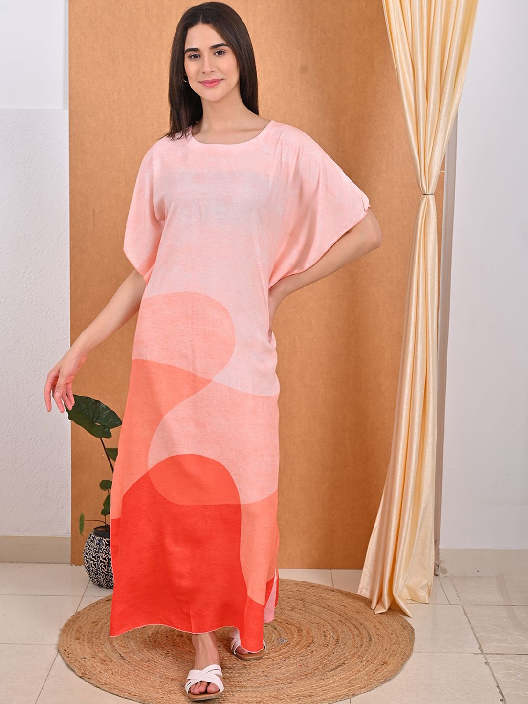 

GOLDSTROMS Print Kimono Sleeve Kaftan Midi Dress, Peach