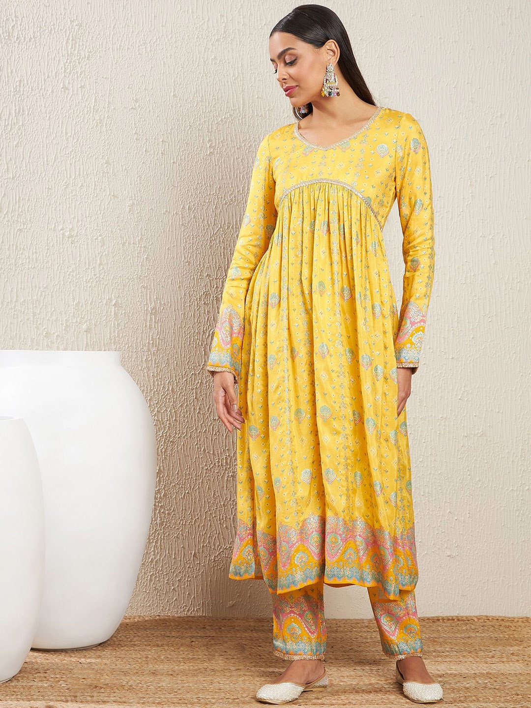 

ADORNIA Women Ethnic Motifs Printed Empire Sequinned Chanderi Silk Kurta with Trousers, Yellow