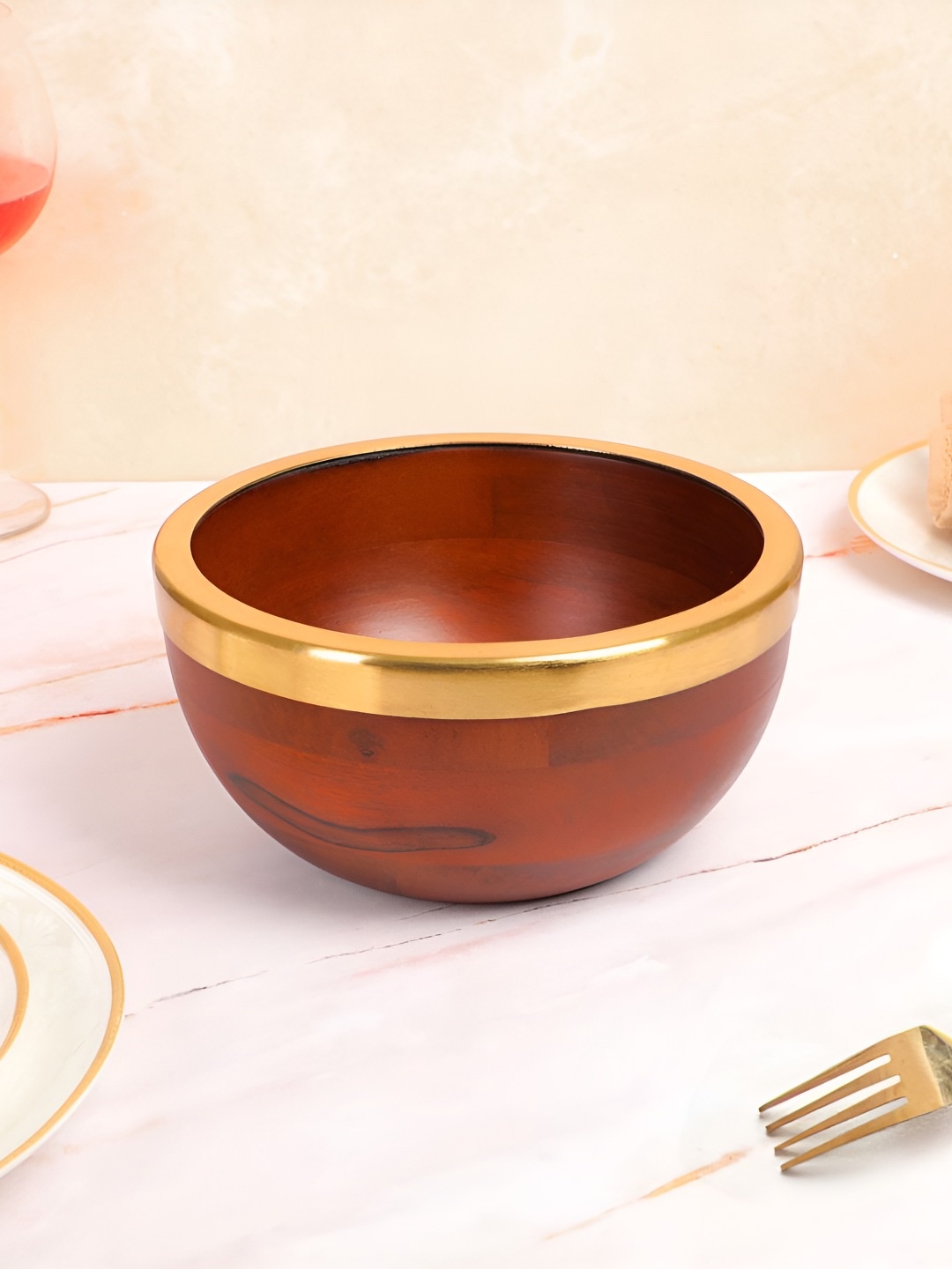 

THE HOME CO. Brown Wooden Serving Bowl With Gold Rim