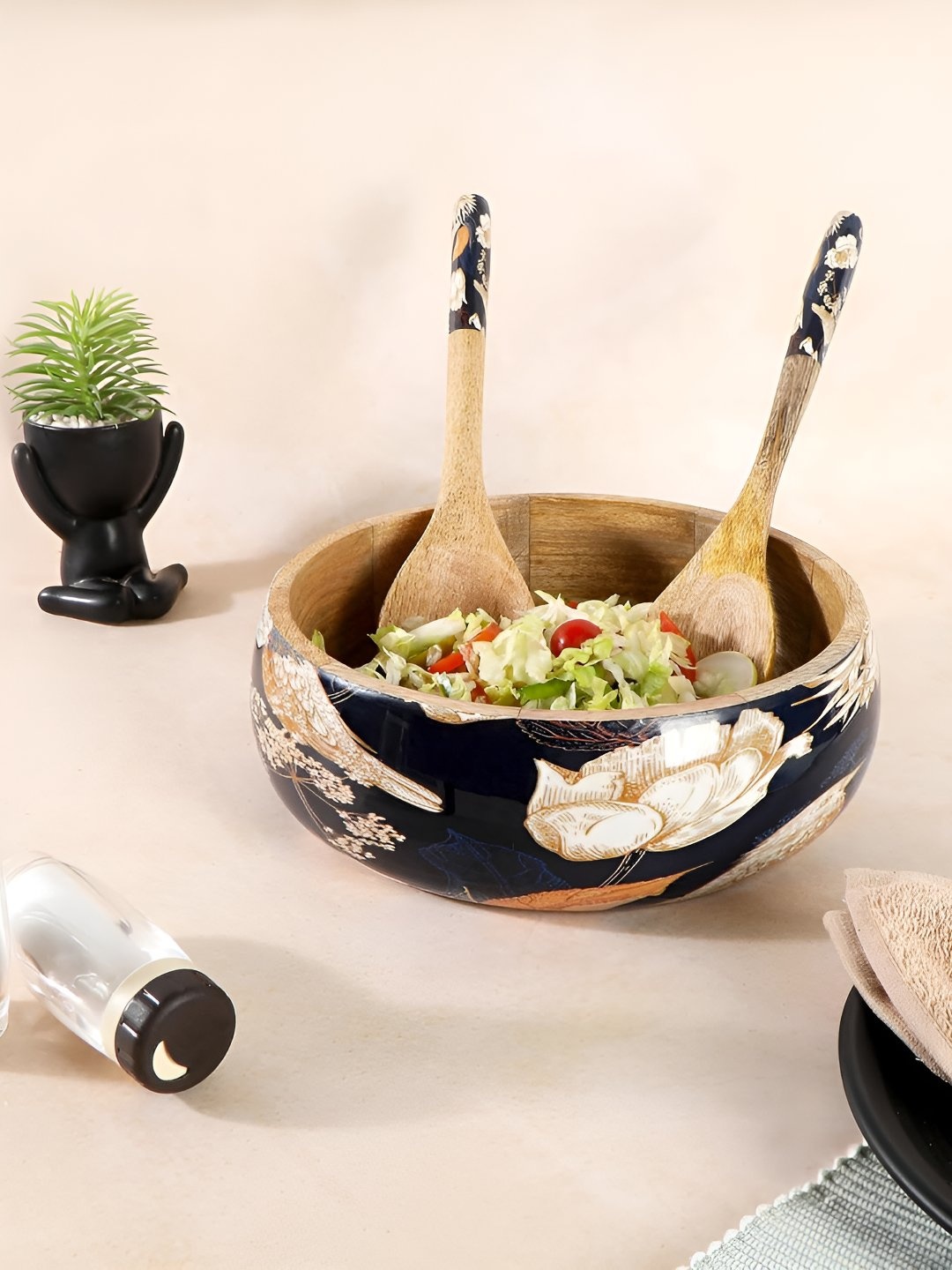 

THE HOME CO. Blue Bird Printed Wooden Salad Bowl With 2 Spoons