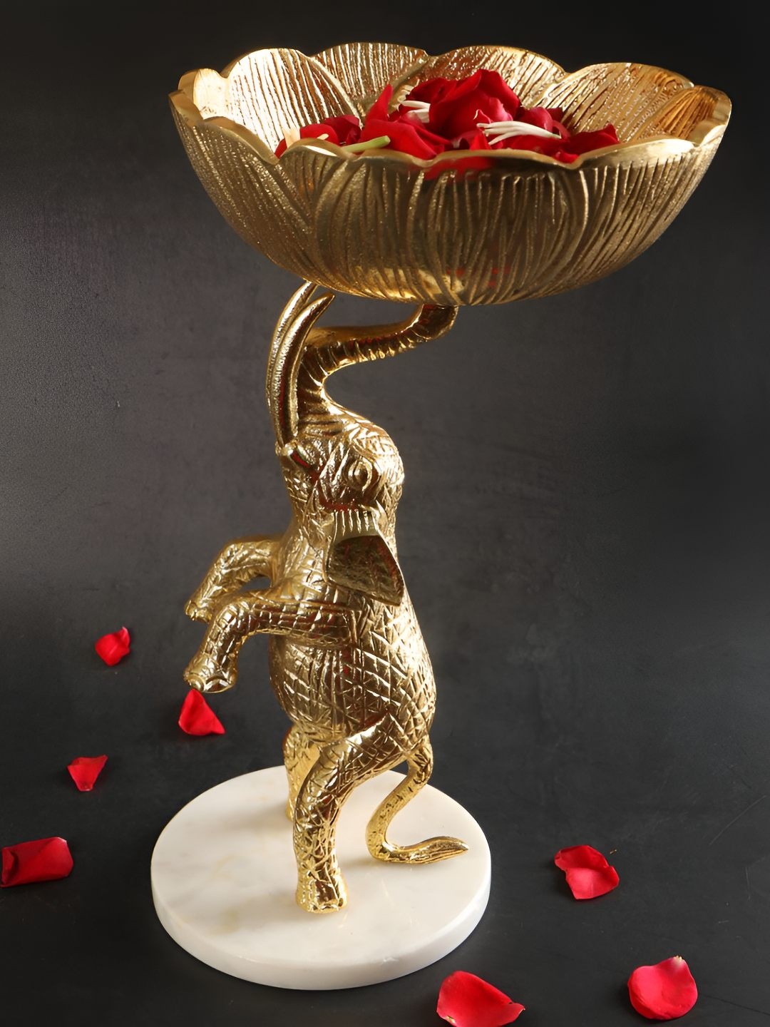 

THE HOME CO. Aluminium Elephant Decorative Serving Bowl With Marble Base, Gold