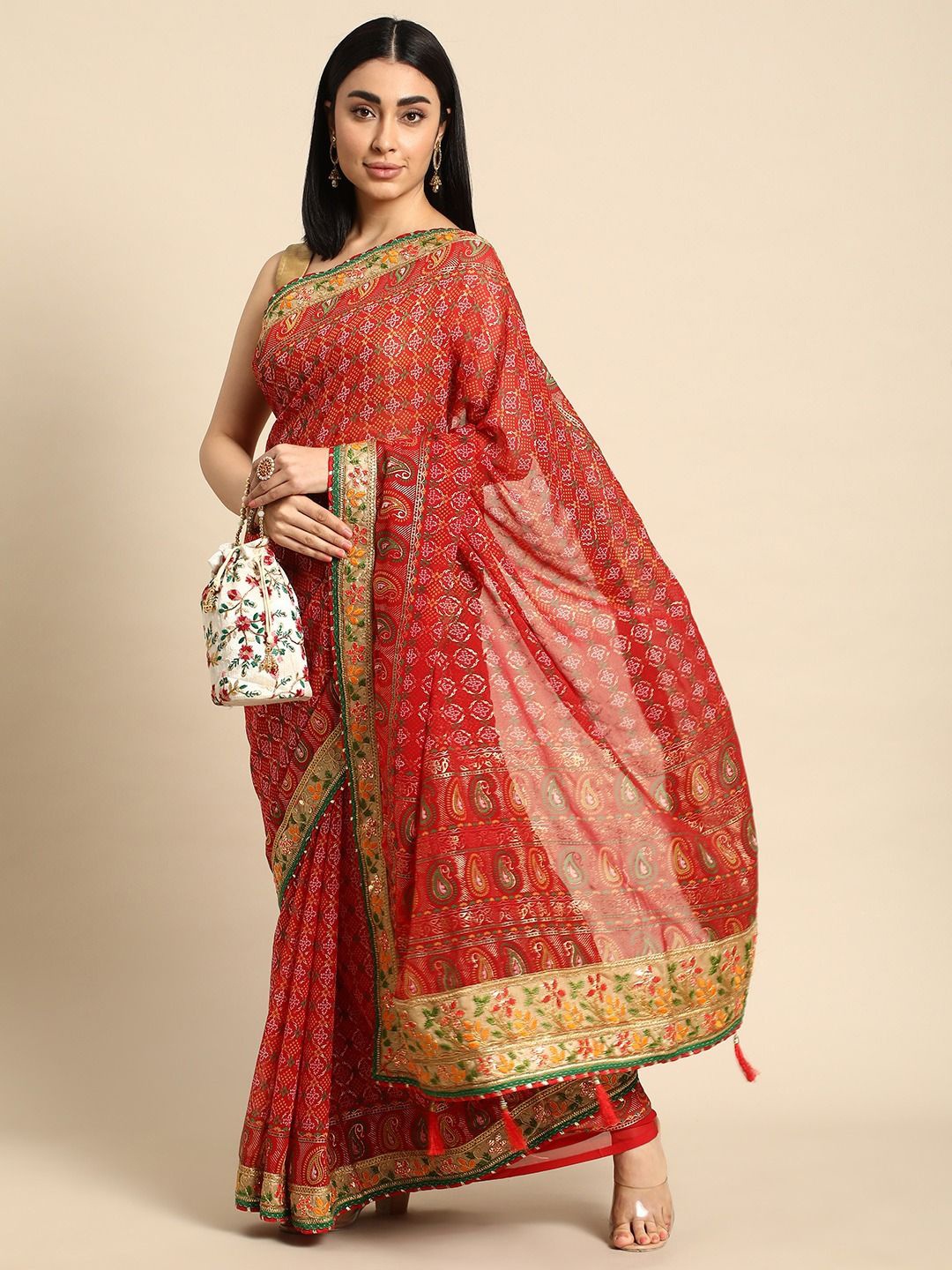 

Panzora Bandhani Gotta Patti Poly Georgette Bandhani Saree, Red