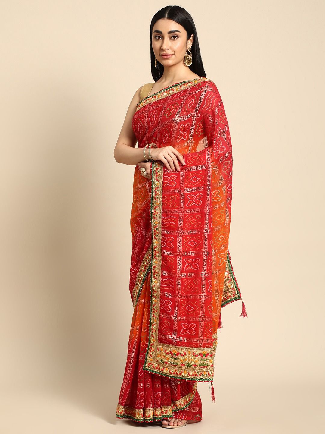 

Panzora Bandhani Gotta Patti Poly Georgette Bandhani Saree, Red
