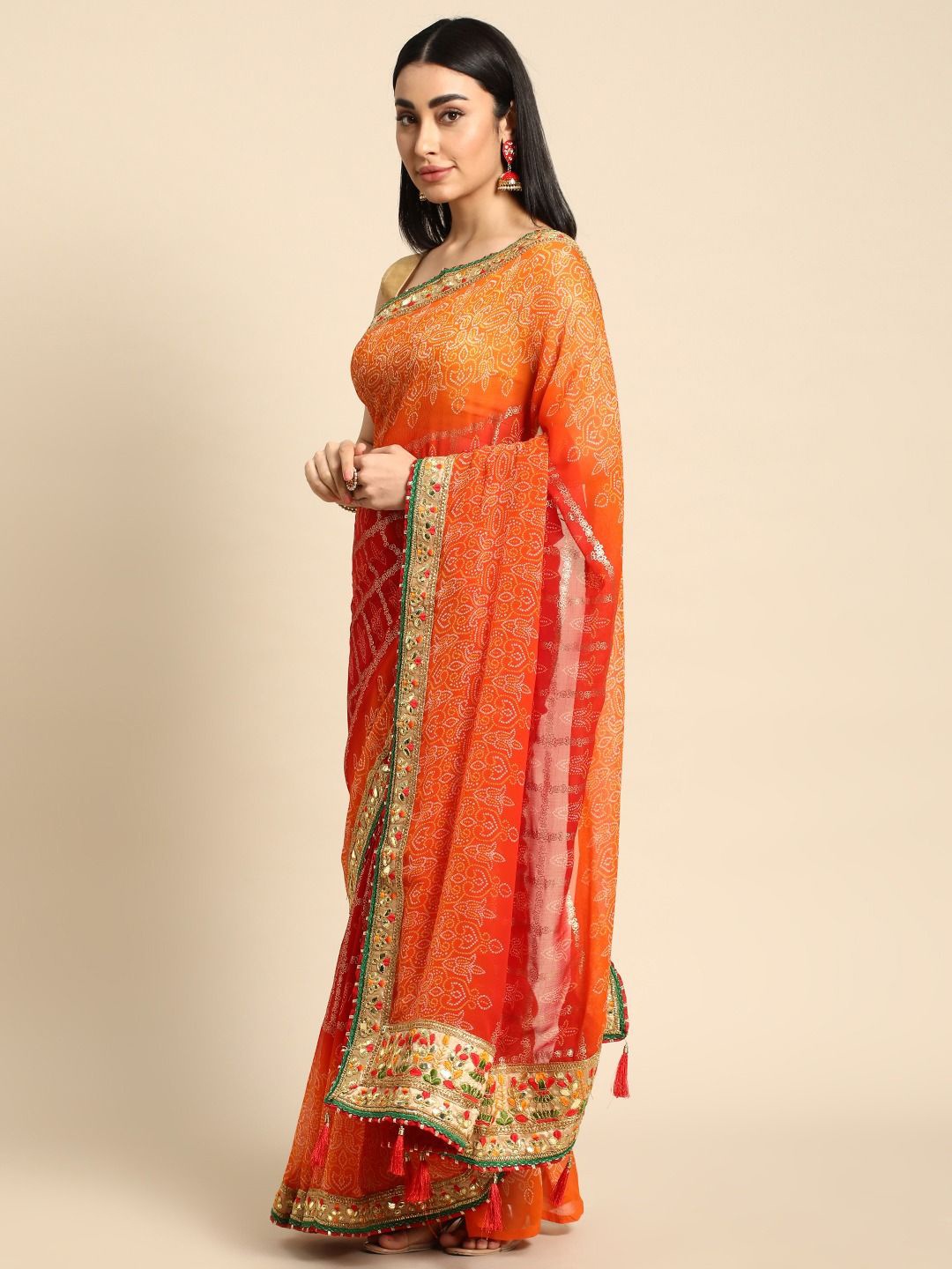 

Panzora Bandhani Gotta Patti Poly Georgette Bandhani Saree, Orange